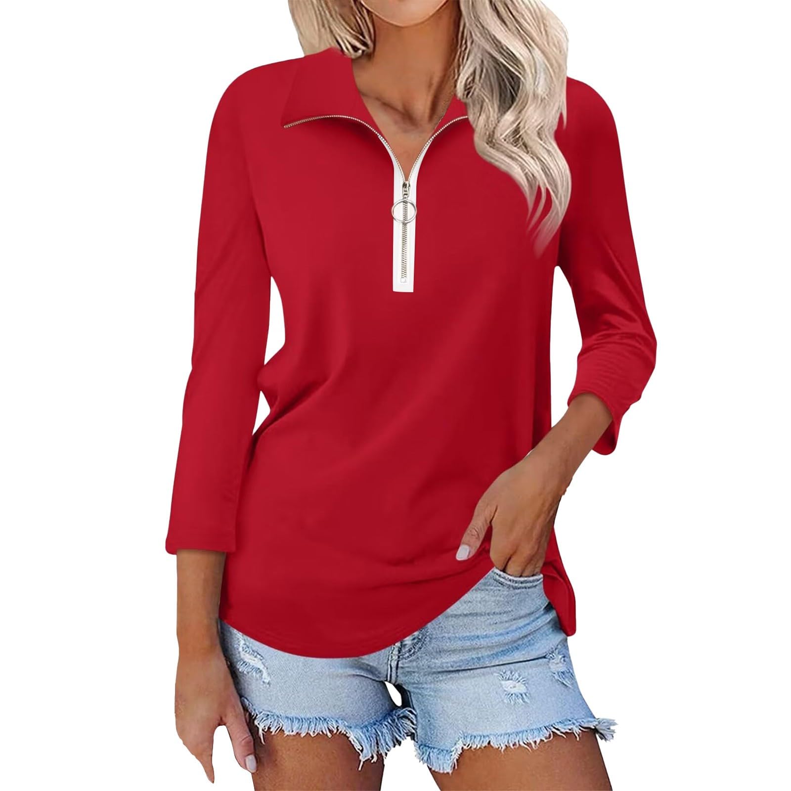 Women's Athletic Tops - 3/4 Sleeve V-Neck Polo Shirts with Zipper & Color Block Design | Moisture-Wicking Workout Shirts for Running, Yoga & Gym | Casual Sportswear for Women