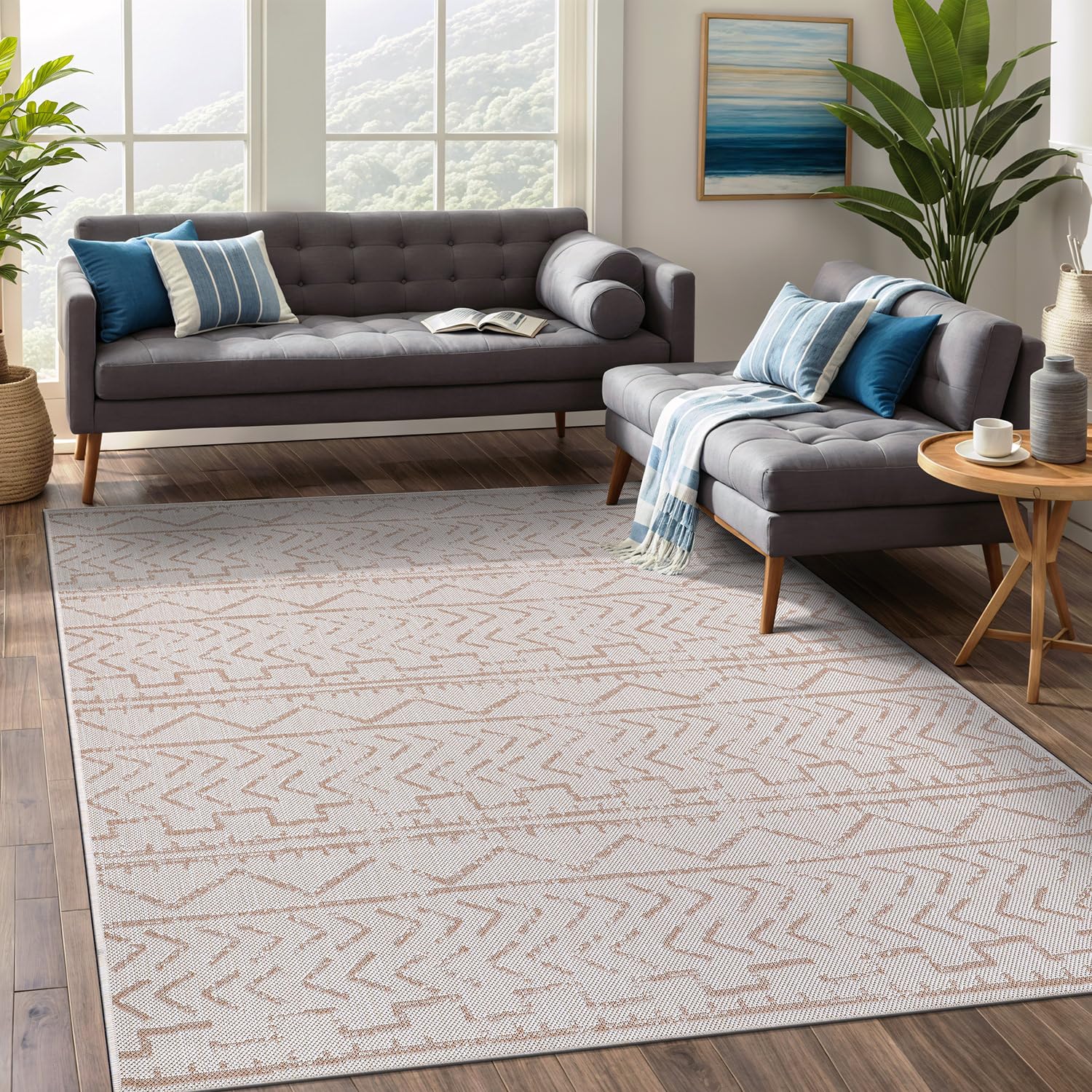 Beverly Rug Waikiki 6x9 Indoor Outdoor Washable Carpet - Water Resistant Beige & White Area Rug for Patio, Deck, Porch, Trellis | Perfect for Backyard, Poolside, and Sunroom Decor