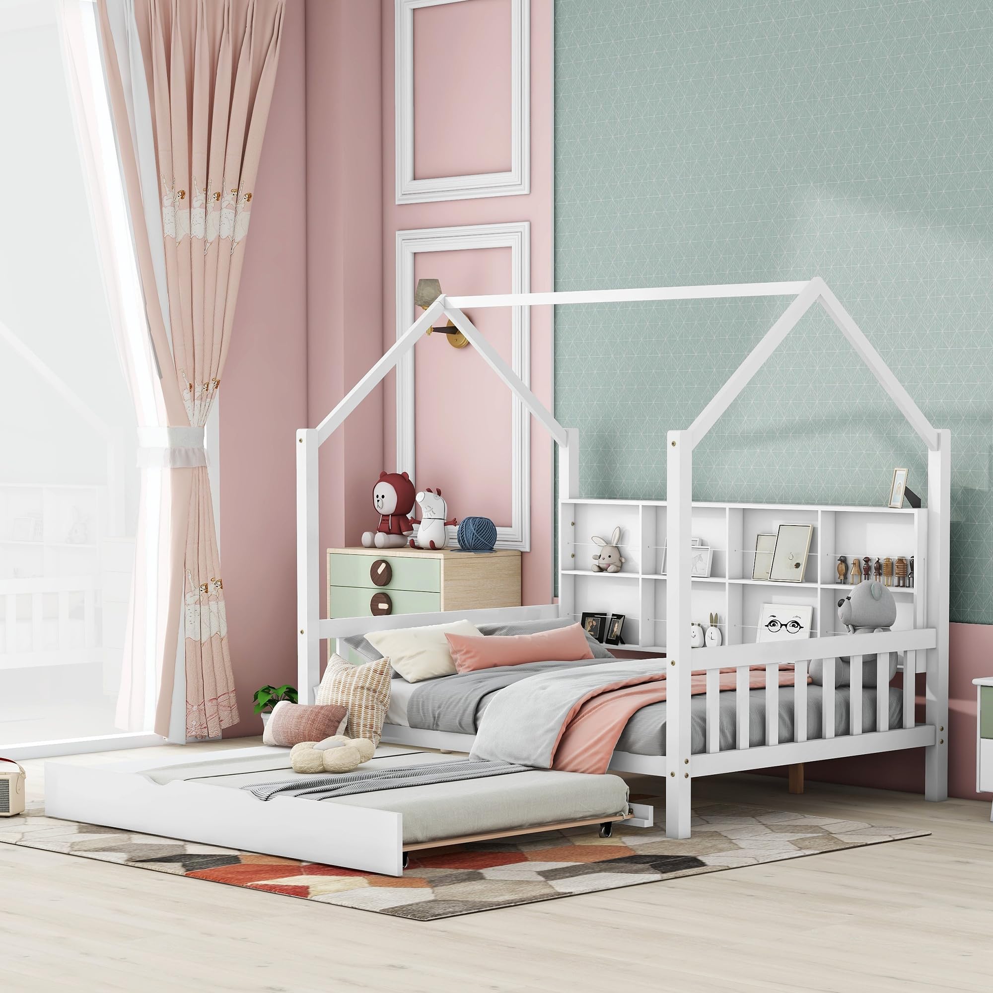 Montessori Full Size House Bed with Trundle & Storage - White Wooden Playhouse Tent Bed Frame for Kids, Boys & Girls - Perfect for Bedrooms, Playrooms & Montessori Learning Spaces