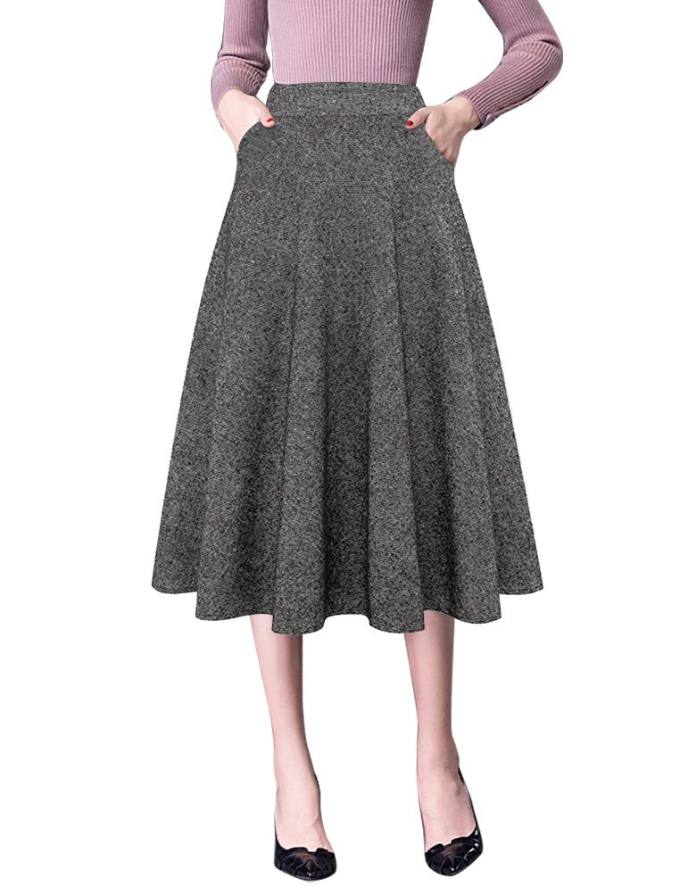 IDEALSANXUN Women's High Waist A-Line Pleated Wool Midi Skirt - Warm Winter Office Wear & Casual Outfit for Fall and Holiday Season