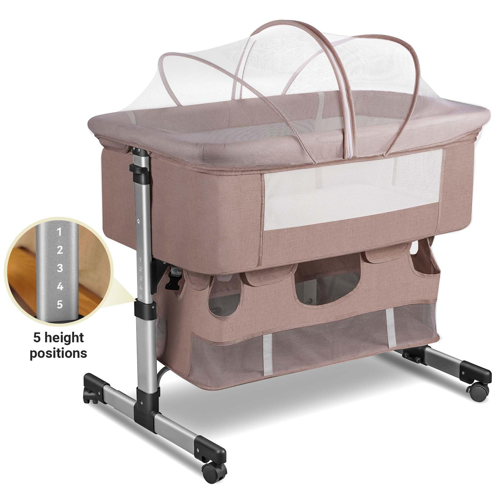 3-in-1 Adjustable Portable Baby Crib & Bassinet for Newborns - Convertible Bedside Sleeper with Breathable Mesh - Perfect for Nursery, Co-Sleeping & Travel (Khaki)