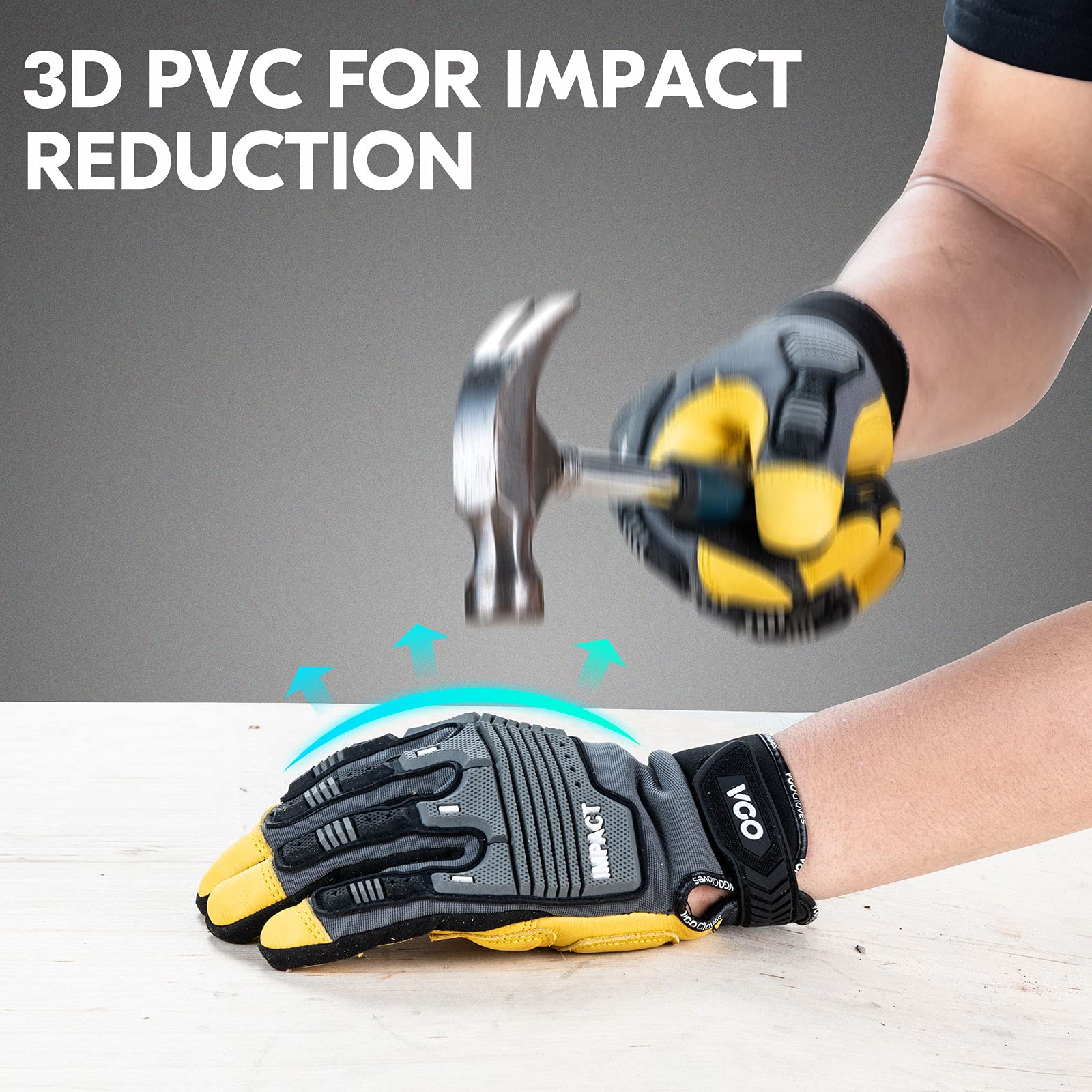 Vgo Heavy Duty Leather Work Gloves for Mechanics - Impact Resistant, Anti-Vibration, Water-Repellent Safety Gloves (CA7725) - Ideal for Construction, Automotive Repair & Outdoor Work