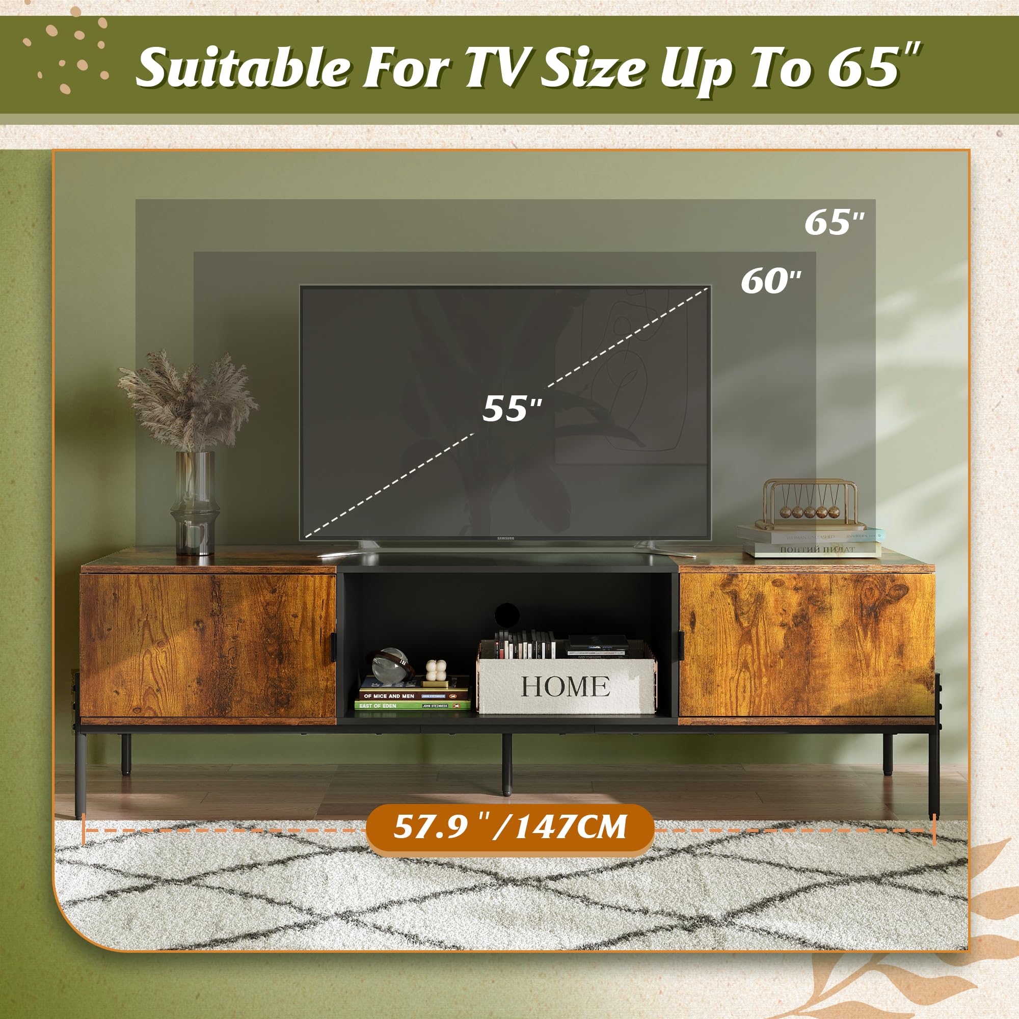 WLIVE 65 Inch Modern TV Stand - Mid Century Entertainment Center with Storage, Open Shelf & 2 Cabinets - Rustic Brown TV Console with Metal Legs for Living Room & Bedroom - Perfect for Home Theater Setup & Media Organization