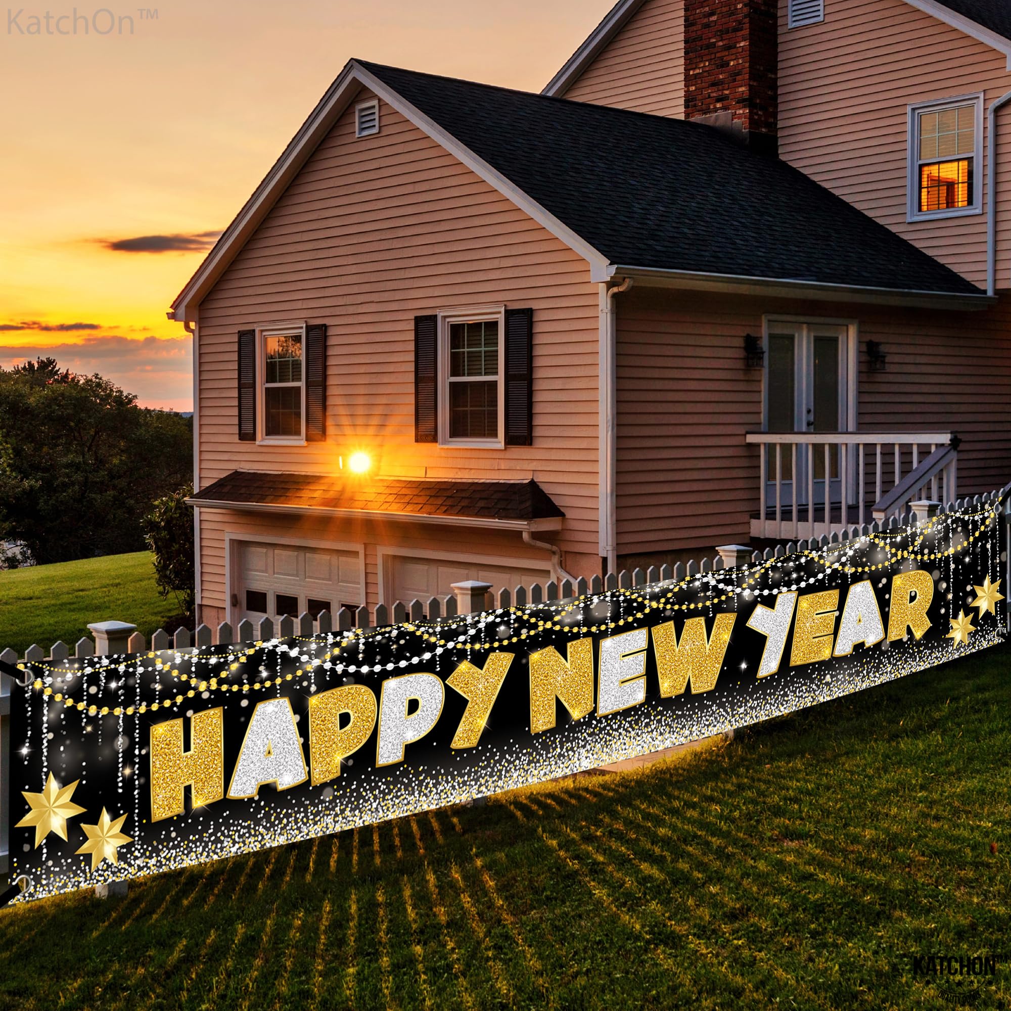 KatchOn 2025 Happy New Year Banner - Extra Large 120x20 Inch NYE Yard Sign | Outdoor & Indoor New Year's Eve Party Decorations 2025 | Durable Vinyl New Years Banner for Backyard, Front Lawn & NYE Party Supplies | Perfect for Home, Office & Holiday Celebrations