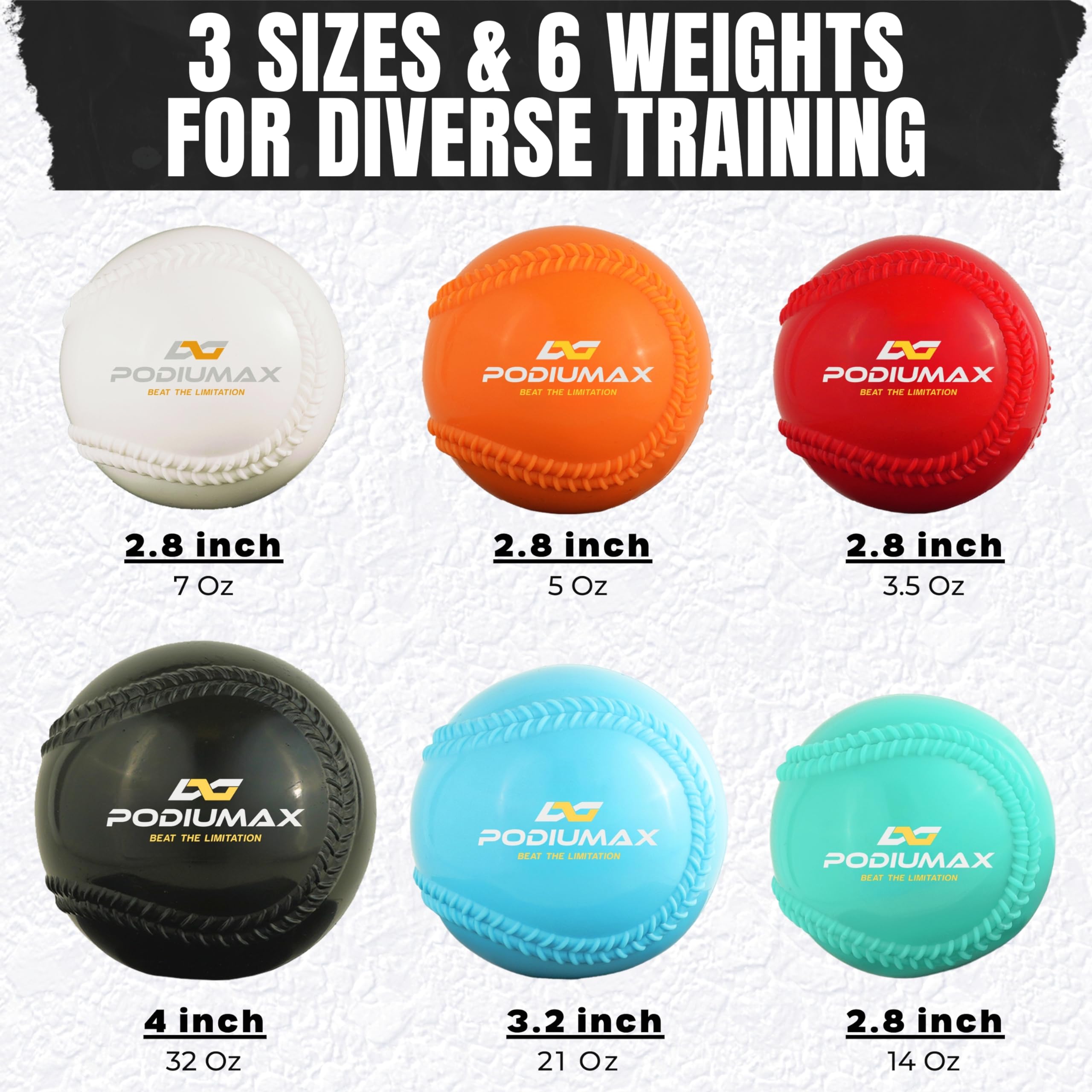 PodiuMax 6-Pack Plyometric Weighted Baseballs (32oz, 21oz, 14oz, 7oz, 5oz, 3.5oz) - Training Balls for Baseball & Softball Hitting, Pitching & Strength Drills - Perfect for Home, Gym & Field Practice