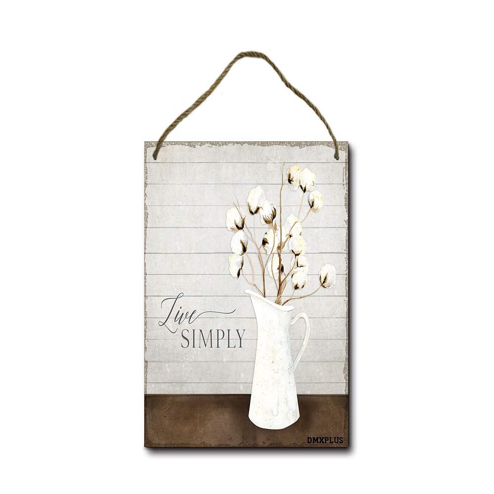 KPSheng Farmhouse Cotton Boll Milk Pitcher Wall Decor - Rustic Wooden Hanging Sign with 'Live Simply' Quote - 8x12 Inches for Kitchen, Dining Room, or Country Home Decor