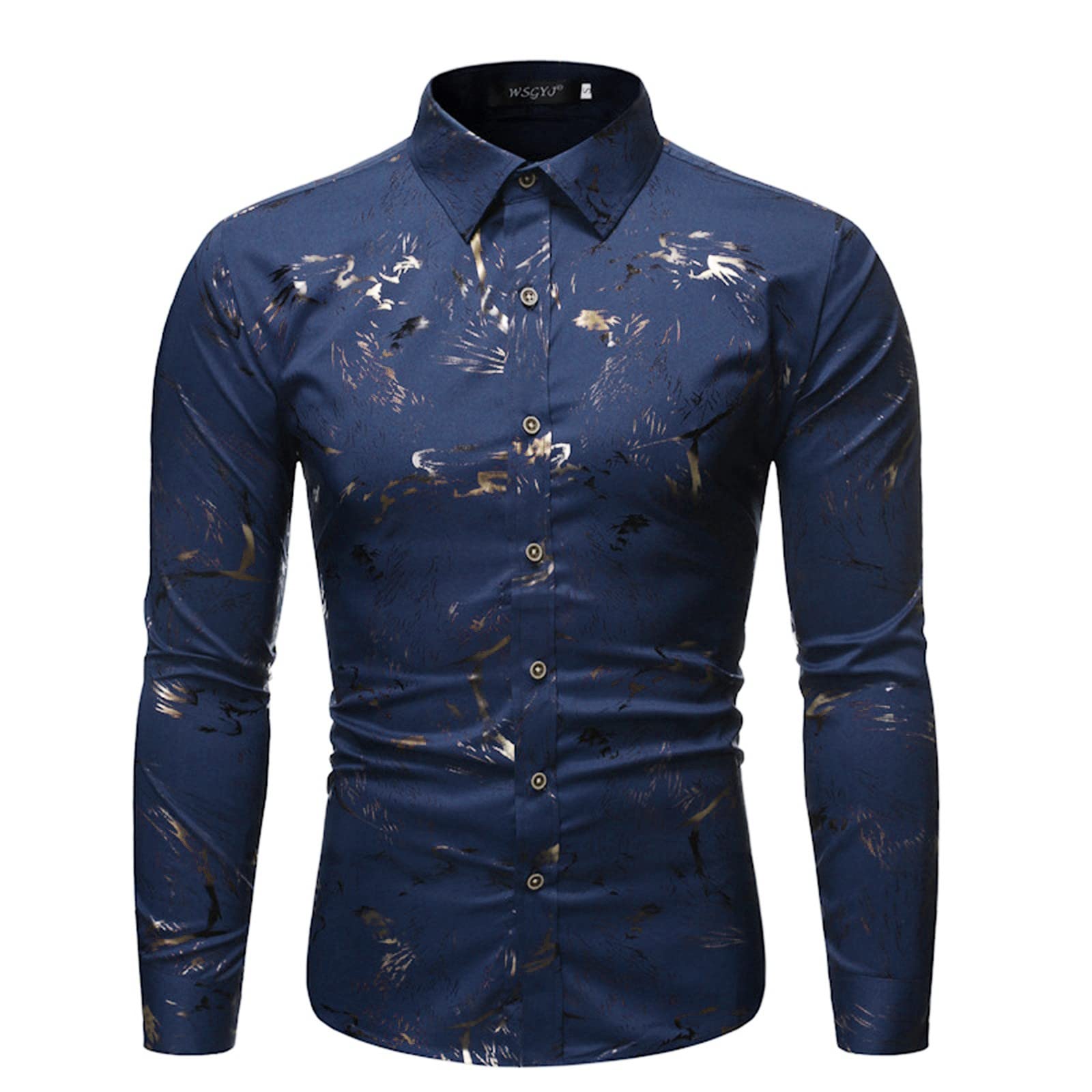 Premium Men's Casual V-Neck Long Sleeve Button-Up Shirt with Lapel & Luxury Bronzing Print - Slim Fit Top for Business Casual, Date Night & Office Wear