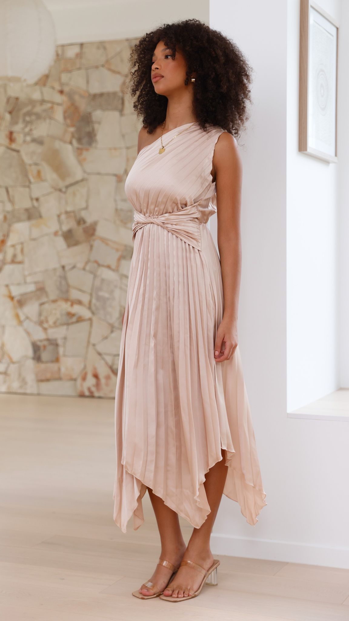 Elegant One Shoulder Midi Dress in Champagne - Perfect for Cocktail Parties, Weddings & Evening Events