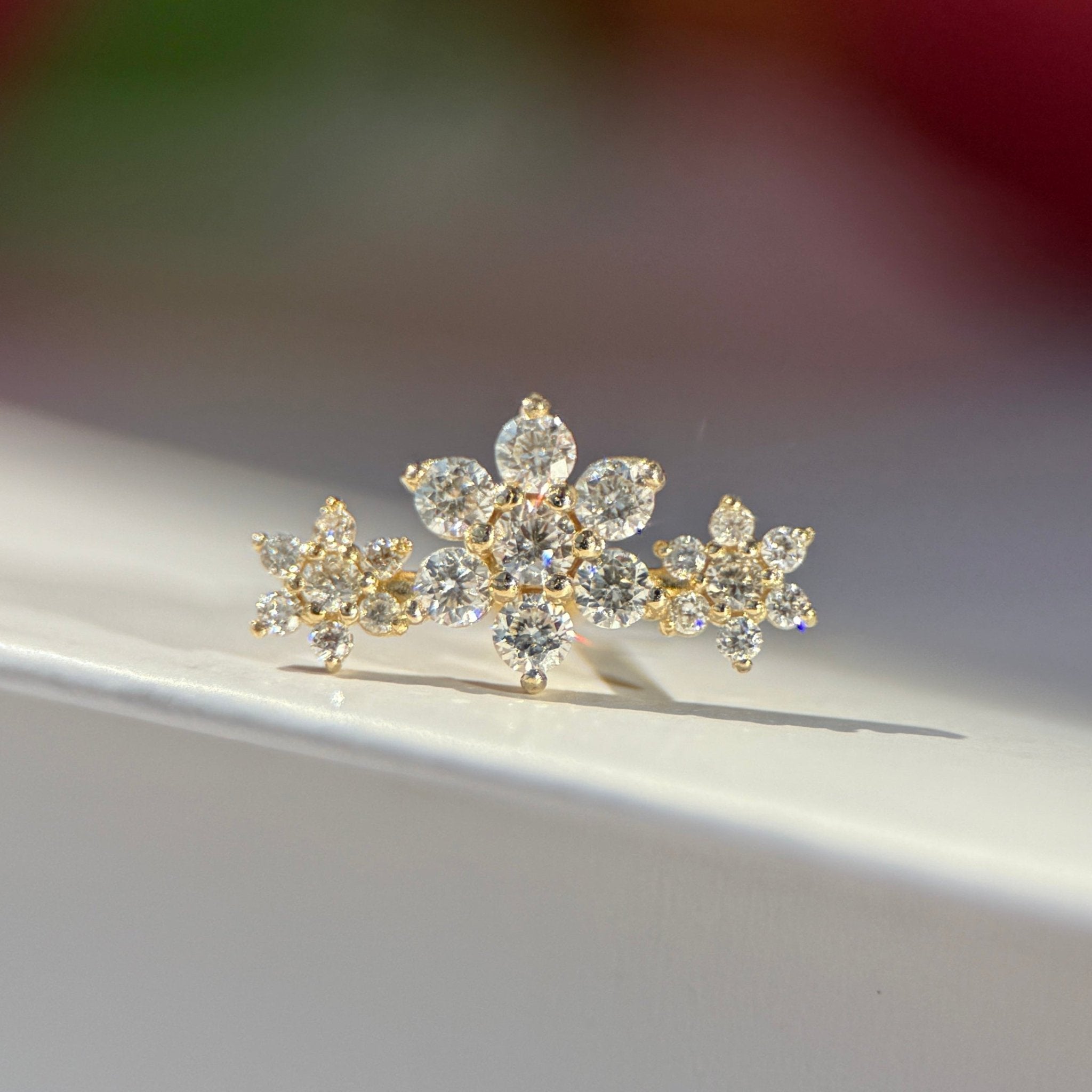 14K Yellow Gold Diamond Three Flower Garland Flat Back Stud Earrings - Elegant Floral Jewelry for Women, Perfect for Weddings, Parties & Everyday Wear