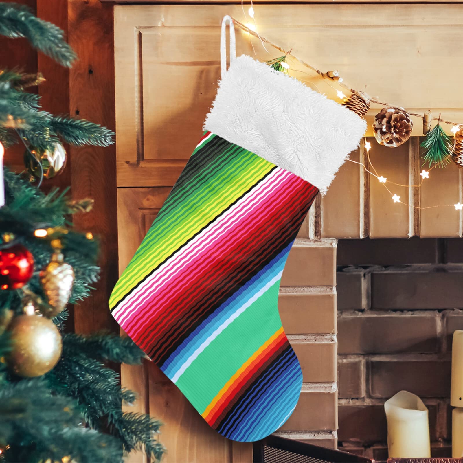 1 Pack Mexican Serape Striped Christmas Stocking - 17.7 Inch Fireplace Hanging Decor for Holiday Home, Party & Gift Exchange | Xmas Mantel Decoration, Festive Seasonal Ornament