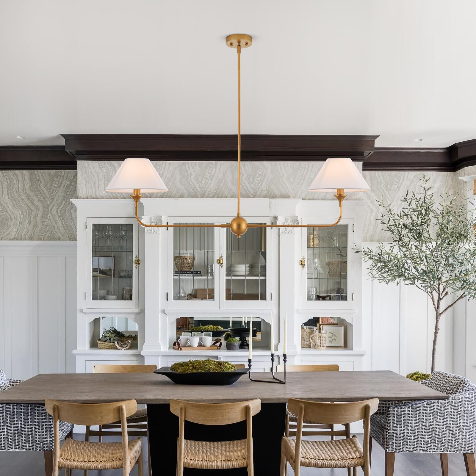 Modern Gold Linear Chandelier with Off-White Fabric Shade - Rustic Pendant Lighting for Dining Room & Kitchen Island - Perfect for Farmhouse, Industrial & Contemporary Home Decor