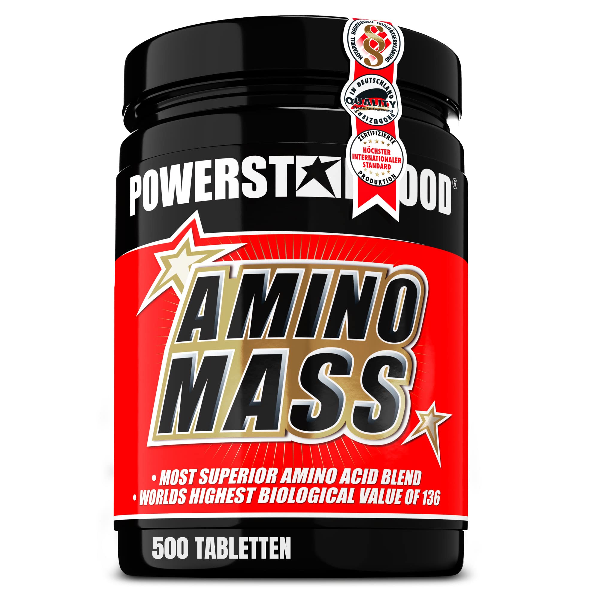 Powerstar AMINO MASS | High-Dose Amino Acid Complex | 500 Tablets | World's Highest Biological Value 136 | Muscle Building, Workout & Protein Supplement | German Made | Perfect for Bodybuilding, Fitness Training & Post-Workout Recovery