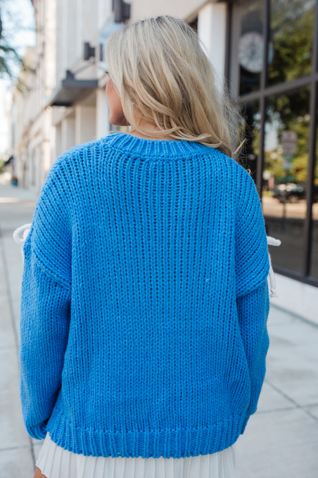 Blue and Ivory Bow Embroidered Sweater for Women - Elegant Knit Pullover for Casual Wear & Special Occasions