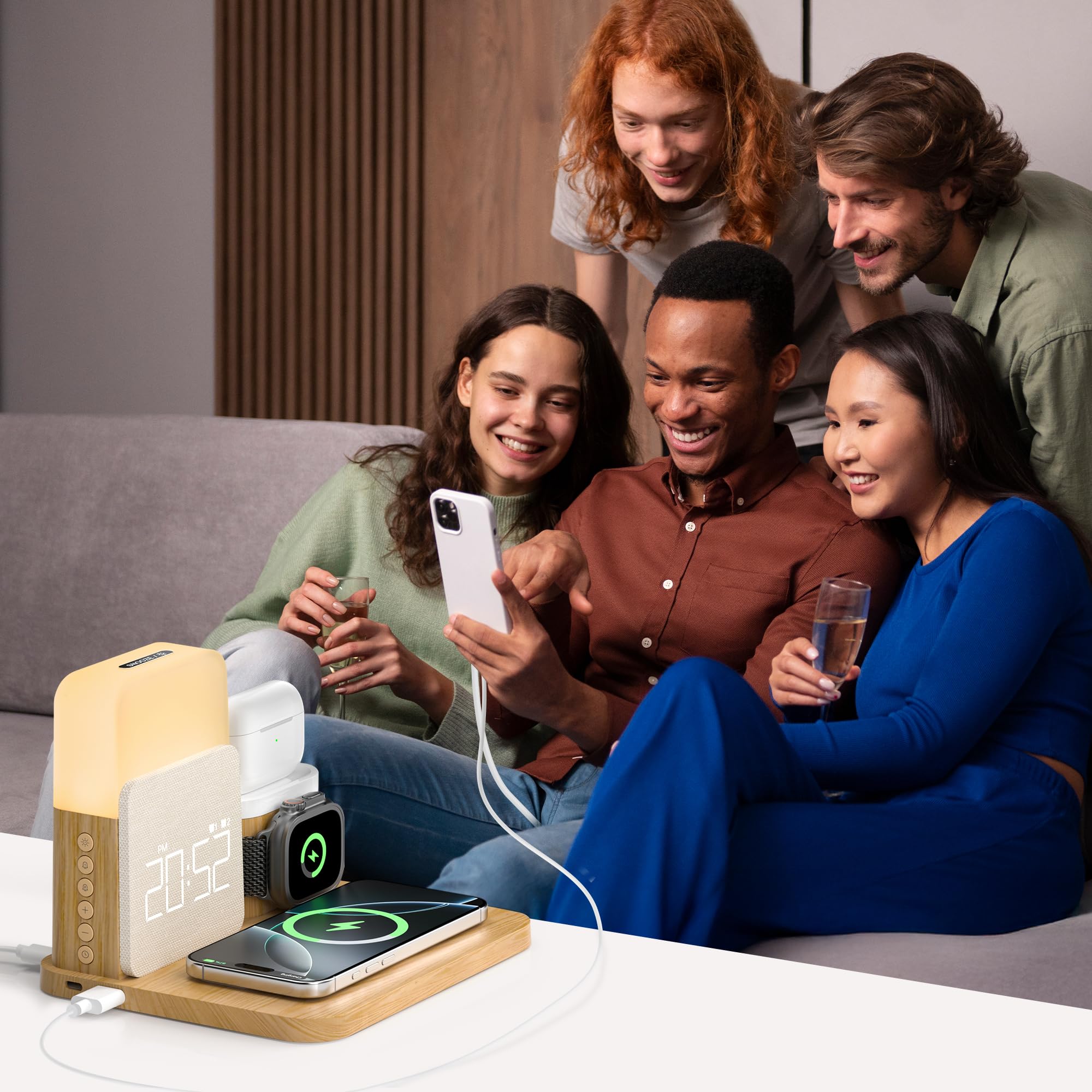 7-in-1 Wireless Charging Station with Alarm Clock & Night Light - MagSafe Charger for iPhone 16/15/14/13/12 Pro Max, Apple Watch & AirPods - Perfect Bedside Organizer for Bedrooms, Office & Travel