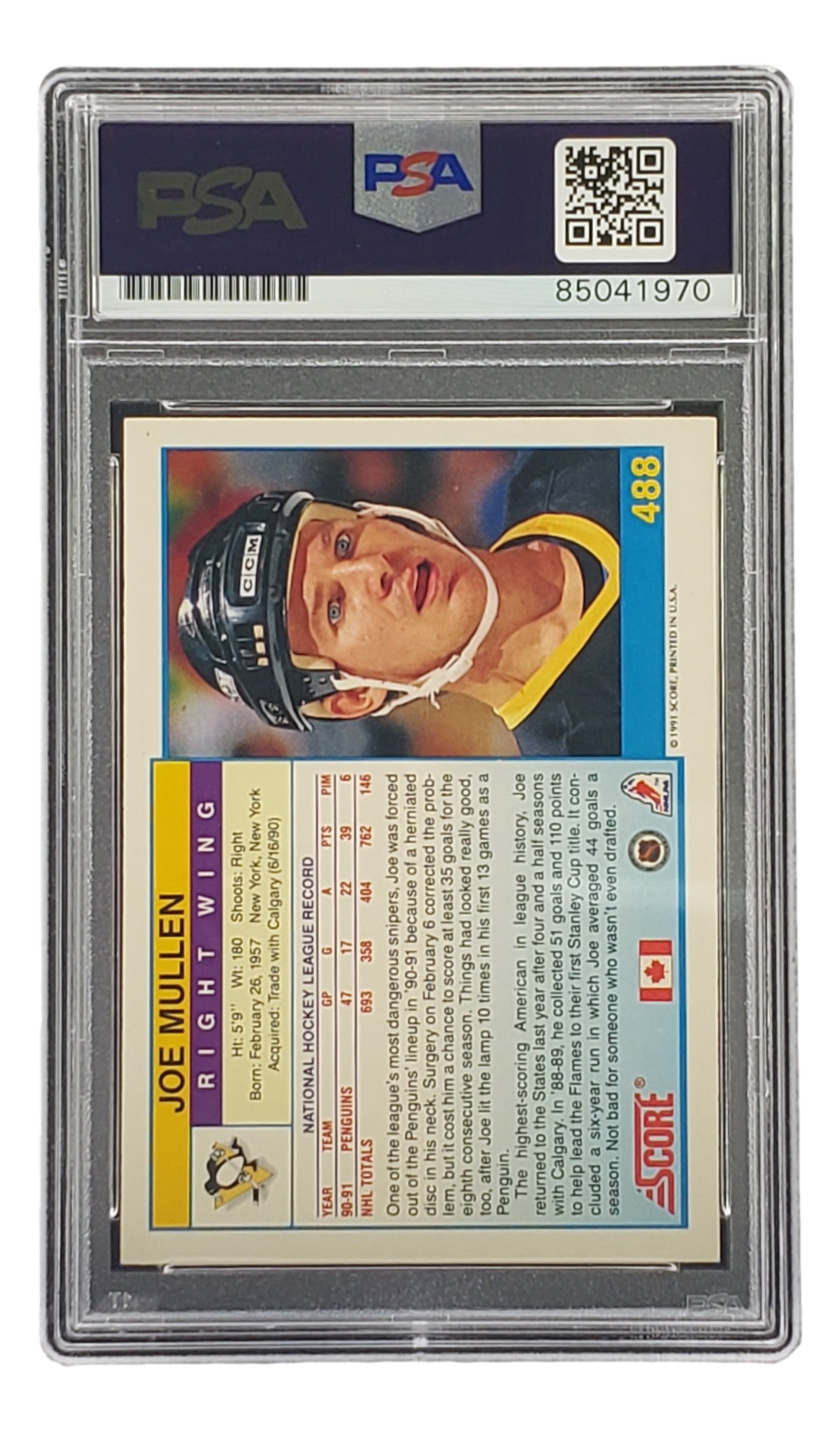 Joe Mullen Autographed 1991 Score #488 Pittsburgh Penguins NHL Hockey Card - PSA/DNA Certified - Perfect for Hockey Memorabilia Collections & Sports Fan Gifts