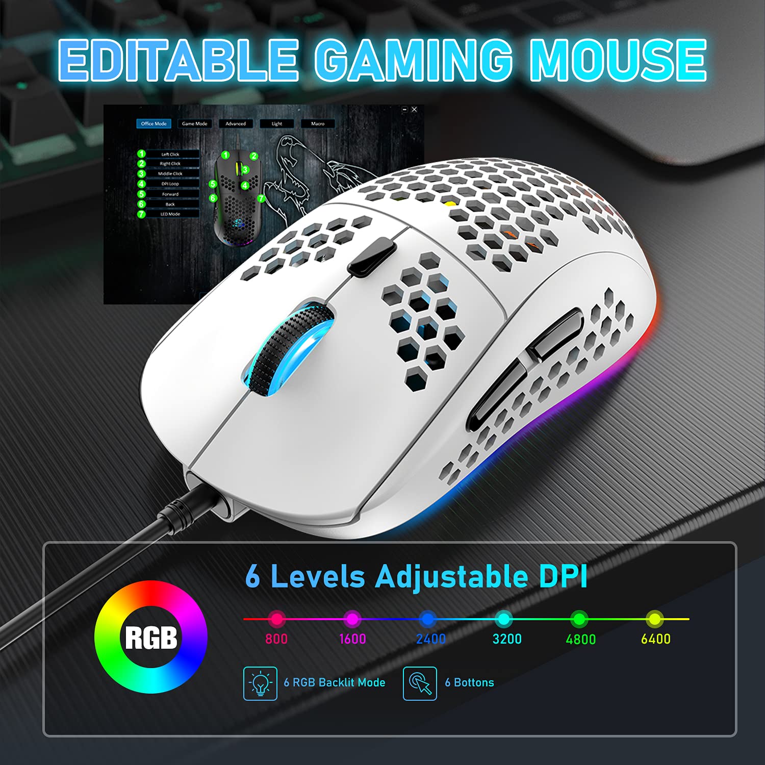 60% UK-Layout Wired Gaming Keyboard and Mouse Combo - 62-Key Mini Compact Mechanical Keyboard with 19 Rainbow & 6 RGB Lighting Effects, 6400 DPI Lightweight Gaming Mouse (White/Red Switch) - Perfect for PC Gaming, Office Work, and Esports Enthusiasts
