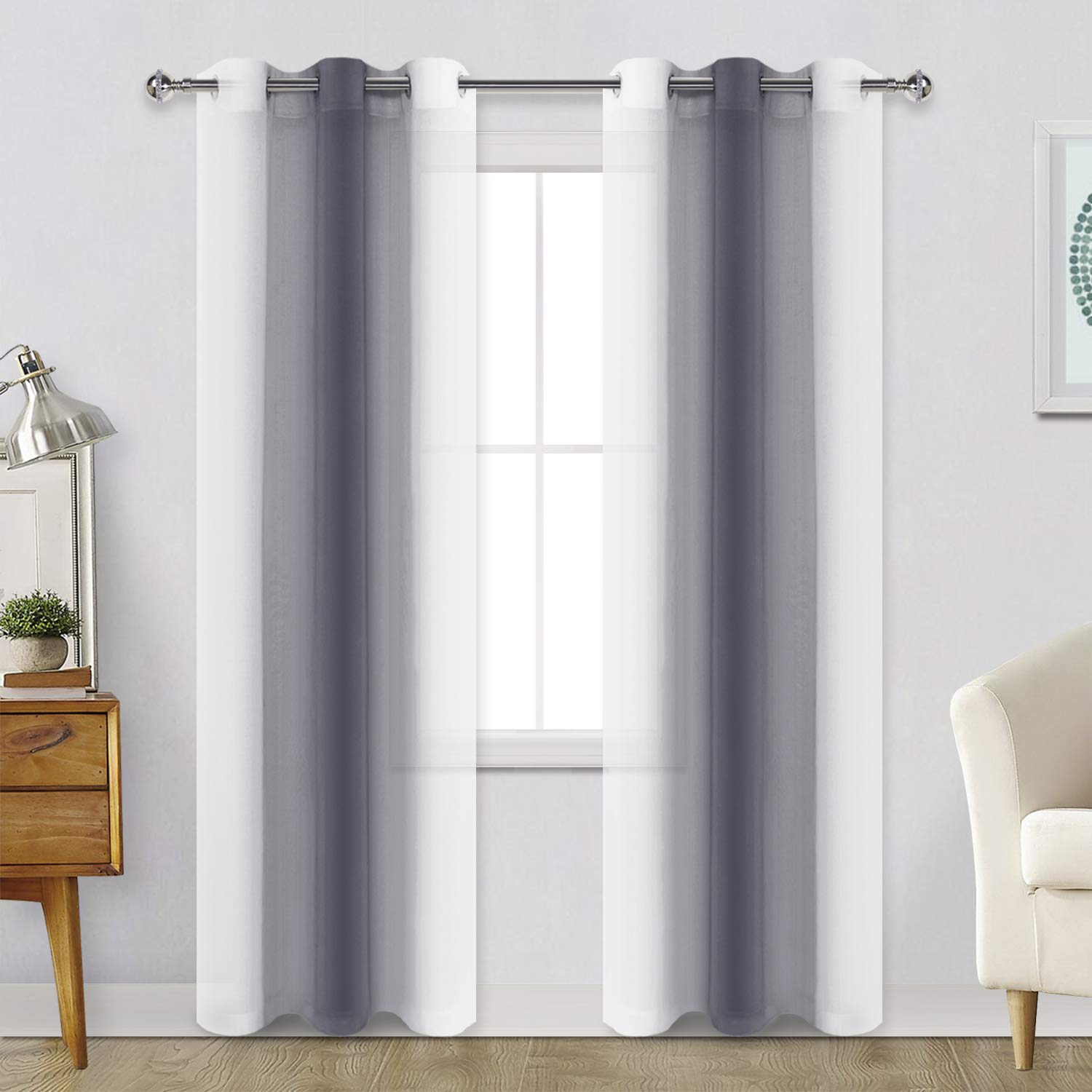 Ombre Sheer Curtains for Living Room & Bedroom - Set of 2 Faux Linen Voile Grommet Window Panels, 42 x 84 Inches, Grey Gradient - Perfect for Light Filtering & Privacy in Modern Homes
