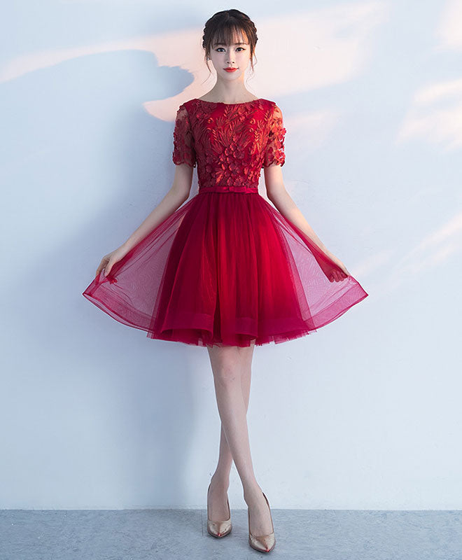 Elegant Burgundy Round Neck Tulle Lace Short Prom Dress for Homecoming, Party, and Special Occasions - Perfect for Dances, Weddings, and Formal Events