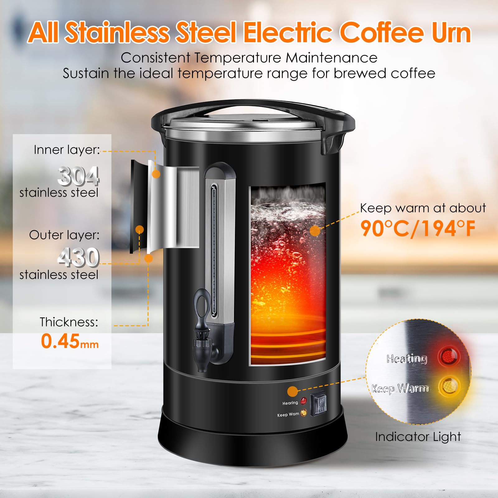 80 Cup Commercial Coffee Urn - 12L Stainless Steel Electric Coffee Dispenser with Double Wall Insulation for Quick Brewing | Ideal for Restaurants, Offices, and Large Events (Black)