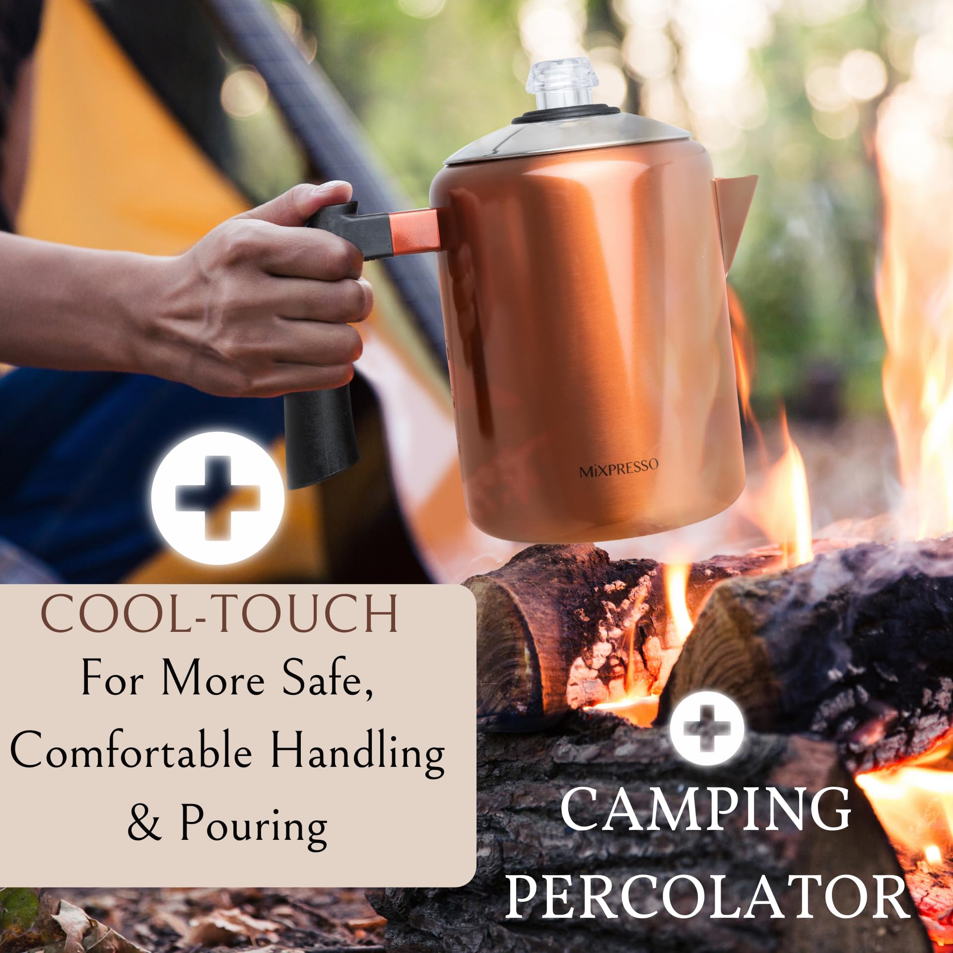 Mixpresso Stainless Steel Stovetop Coffee Percolator - 37oz (5-8 Cup) Copper Coffee Maker for Camping, Home & Outdoor Use - Durable Stove Top Coffee Pot for Gas, Electric & Induction Cooktops