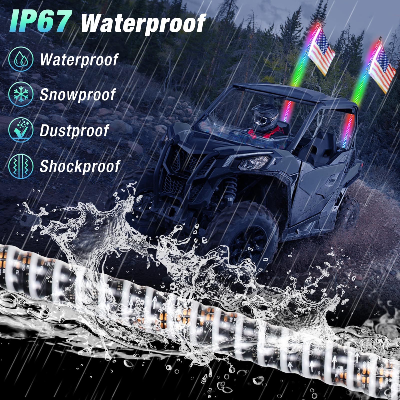 2PCS 4FT COB UTV Whip Lights - 2024 Upgraded Super Bright LED Whip Lights with RGB Chasing Effects for UTV ATV RZR SXS Can-Am Polaris - Perfect for Off-Road Night Riding & Trail Adventures