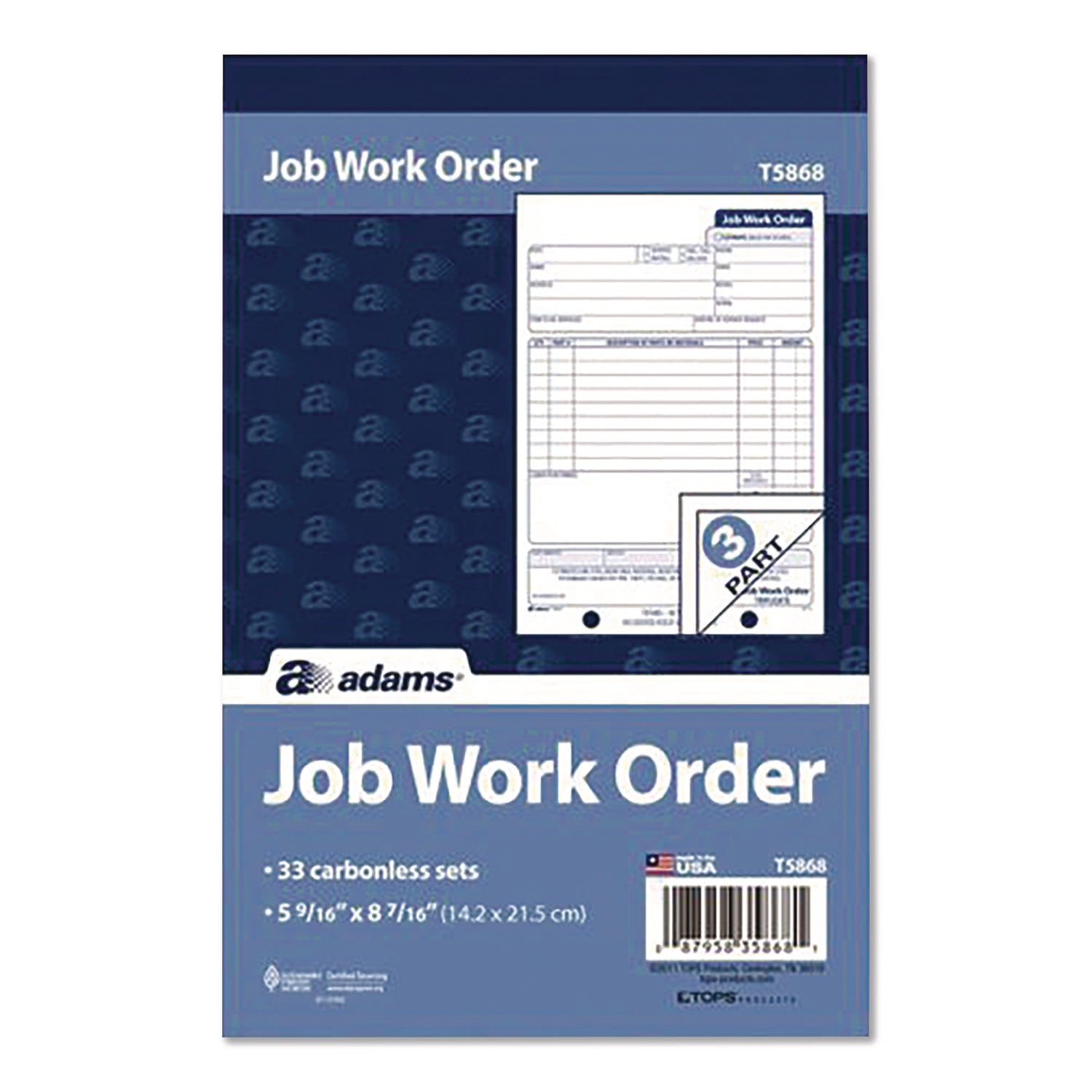 Adams® Multipart Job Work Order Pad - 3 Part Carbonless Forms, 5.56