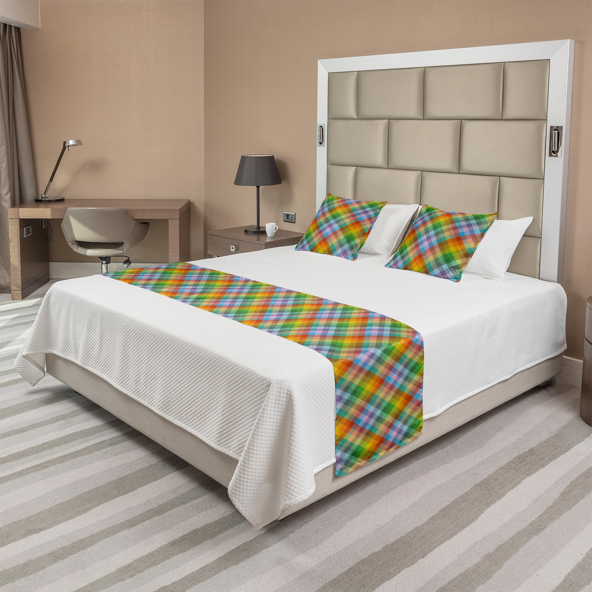 Ambesonne Plaid Bed Runner Set - Colorful Summery British Fashion Motifs & Abstract Geometric Design - Queen Size Decorative Bedding Scarf with 2 Pillow Shams for Hotels & Homes - Perfect for Guest Rooms, Master Bedrooms & Airbnb Styling - Multicolor