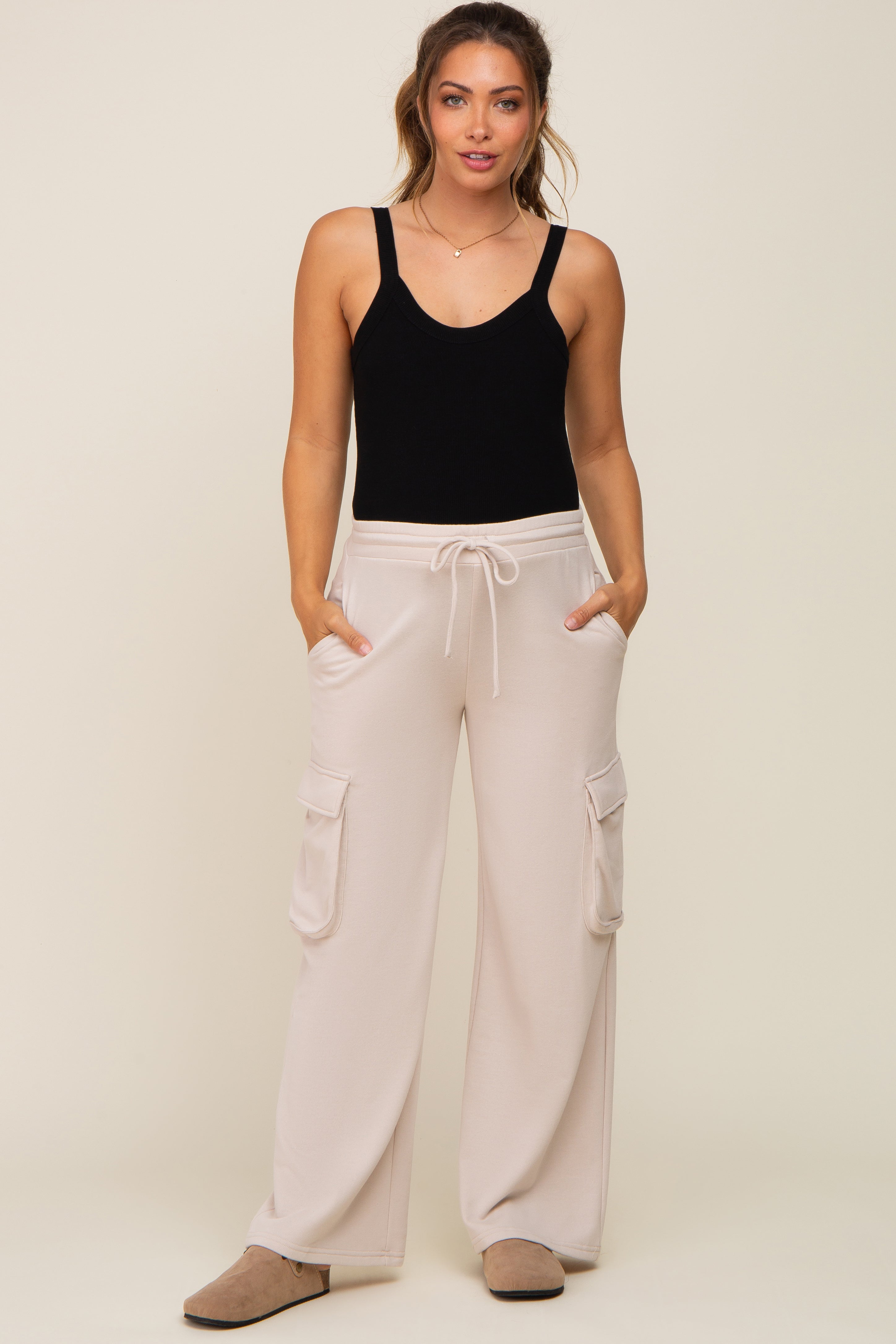 Comfortable Beige Maternity Sweatpants with Pockets - Soft Stretchy Pregnancy Pants for Women - Perfect for Lounging, Yoga & Everyday Wear