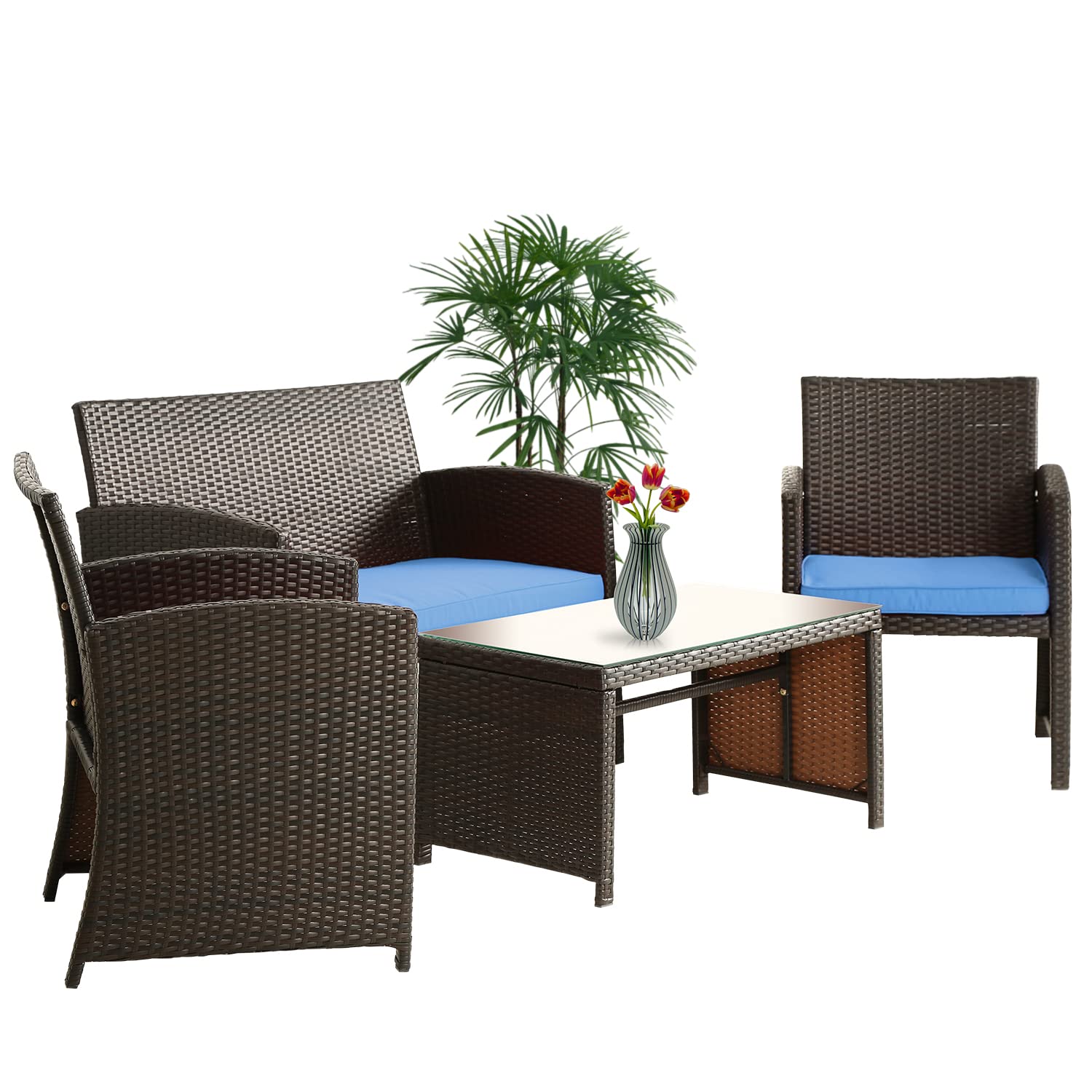 4-Piece Outdoor Patio Furniture Set with Cushions - Blue Balcony Chairs & Table for Garden, Porch, Backyard Relaxation & Entertaining