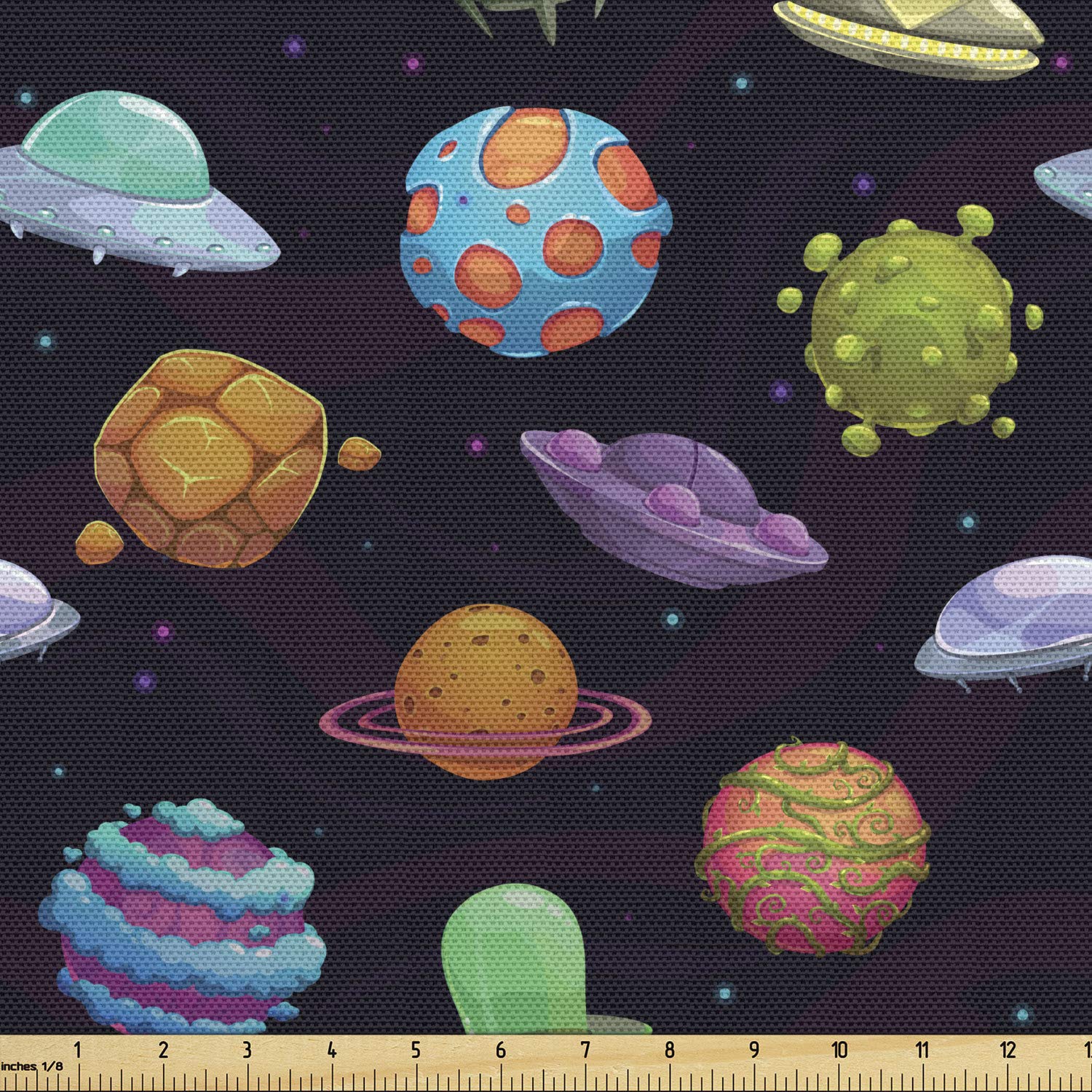Ambesonne Space Fabric by The Yard - UFOs, Planets & Alien Scenes Sci-Fi Print Fabric for Upholstery, Curtains & Home Decor | 2 Yards Multicolor | Perfect for DIY Projects, Space-Themed Rooms & Sci-Fi Decorations