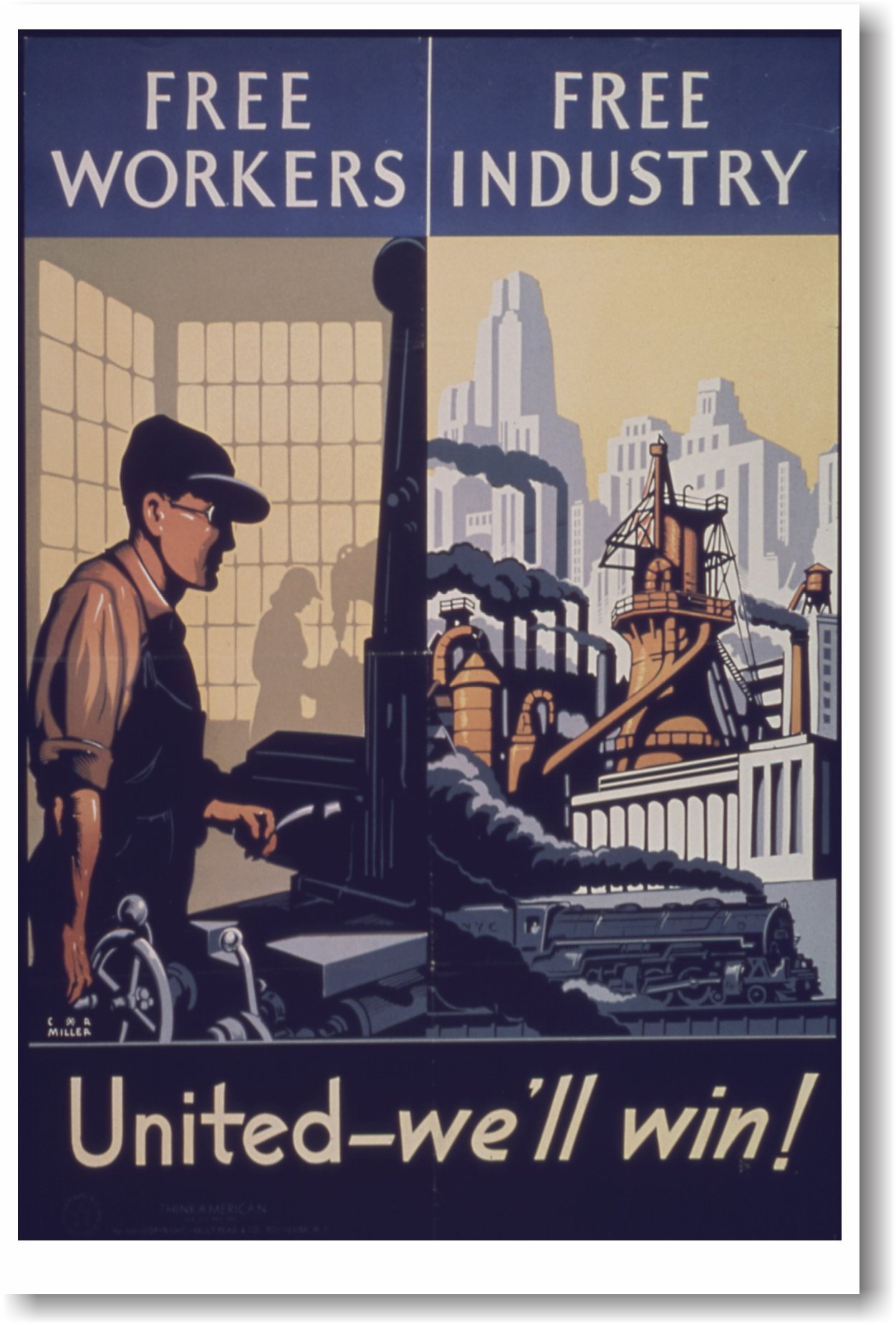 Vintage WW2 Reprint Poster - Free Workers Free Industry - United Well Win - Perfect for Home Decor, Office Wall Art & History Enthusiasts