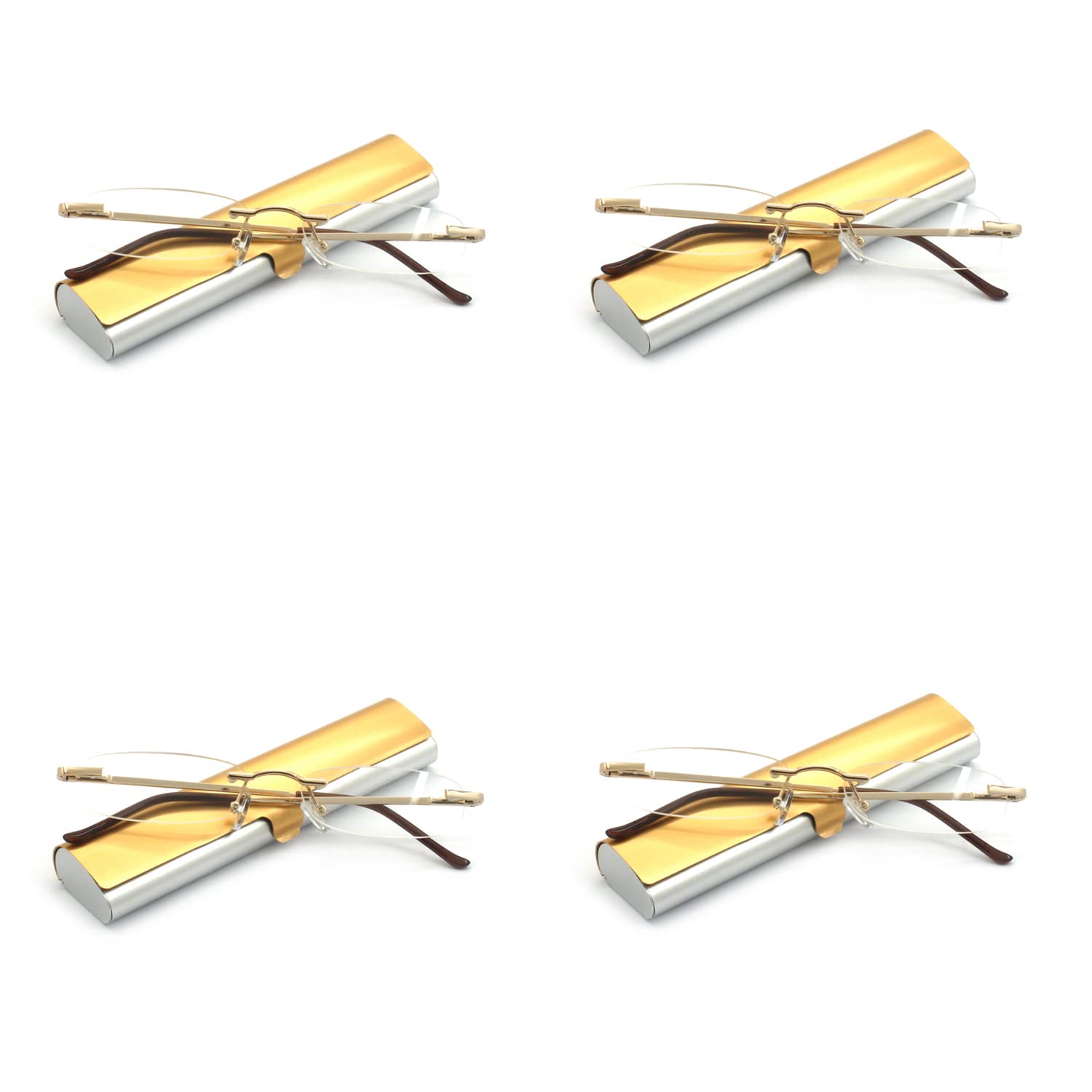 4 Pack Metal Rimless Reading Glasses with Spring Hinge - Lightweight Slim Case for Men & Women - Perfect for Reading, Office Work, and Daily Use