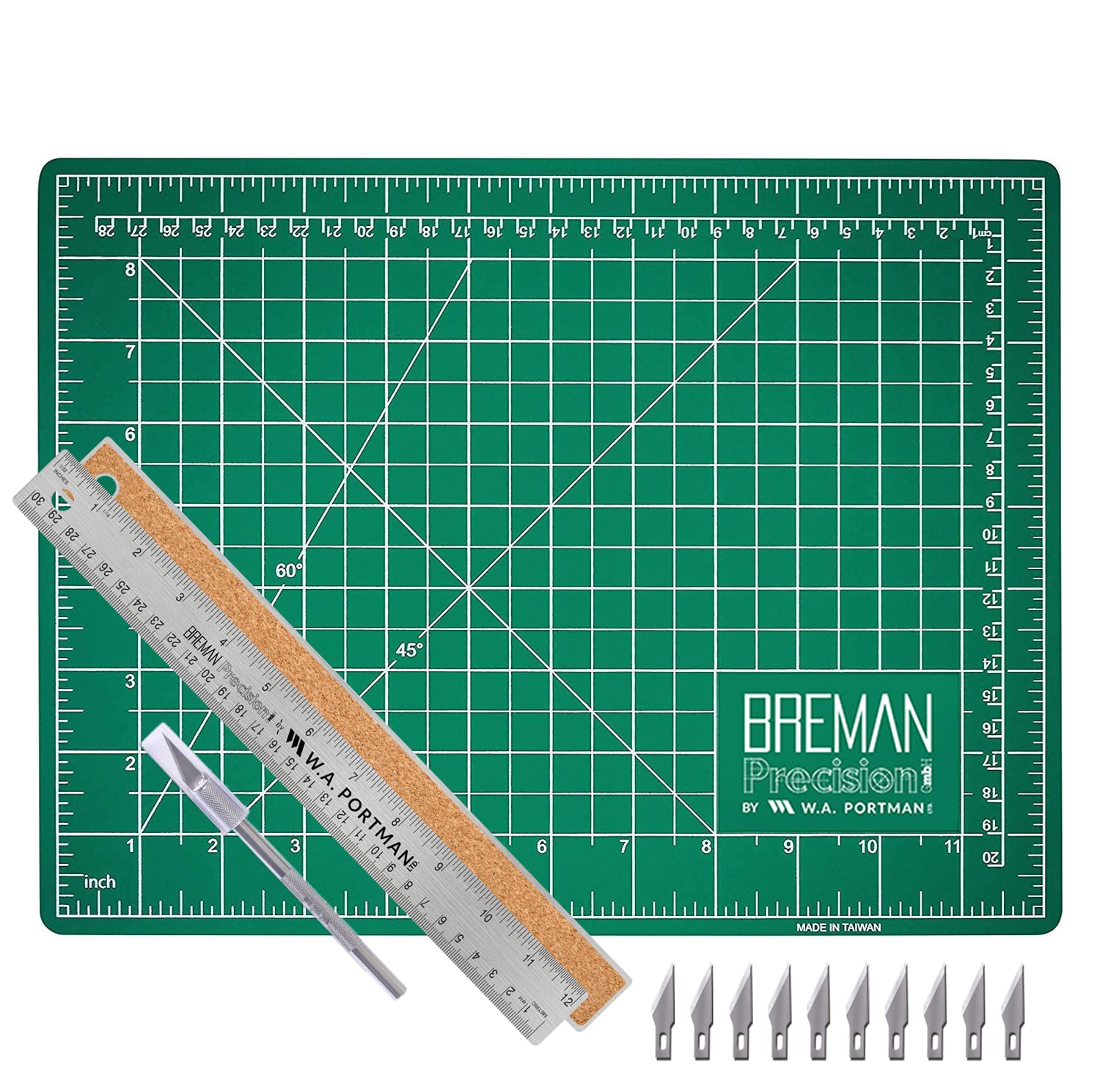 WA Portman 9x12 Inch Self Healing Craft Cutting Mat with Metal Ruler & Precision Knife Set - 10 Blades, 12 Inch Cork-Backed Ruler - Perfect for DIY Scrapbooking, Quilting, Paper Crafts & Sewing Projects