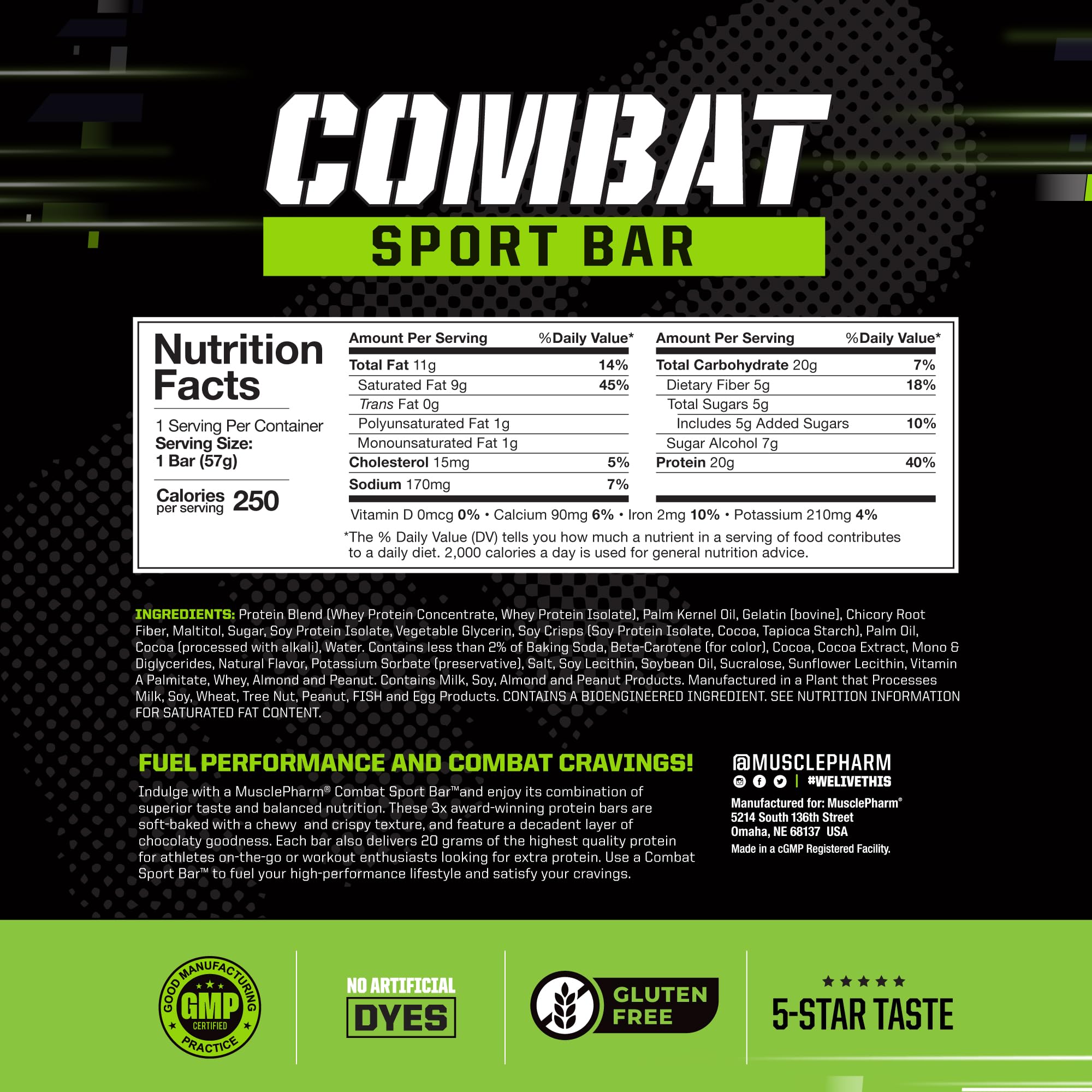 MusclePharm Combat Sport Bar - Chocolate Cake Flavor | 20g Whey Protein, 5g Fiber | Gluten Free High Protein Snack for Athletes | Pre-Workout Energy & Post-Workout Recovery | 12 Bars Pack