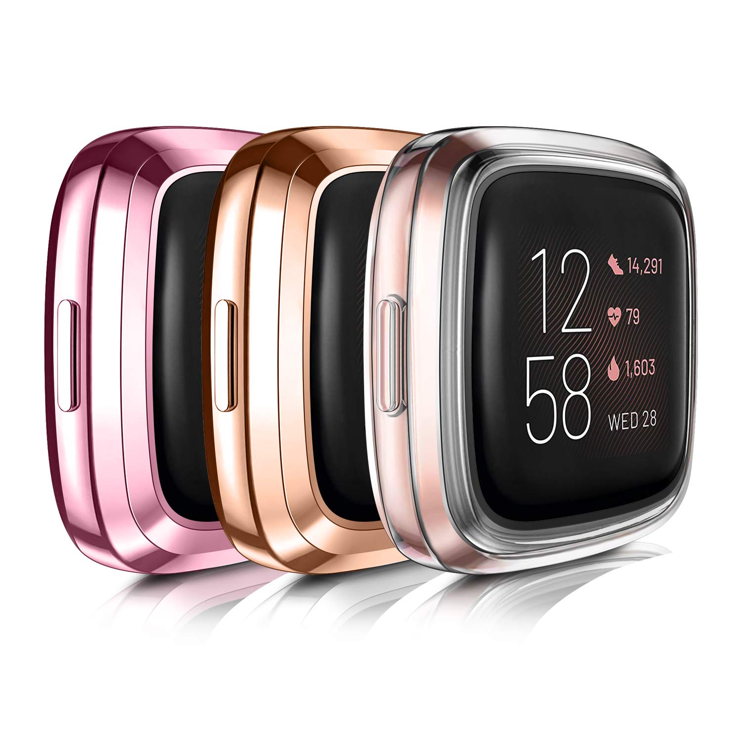 [3 Pack] Fitbit Versa 2 Screen Protector & TPU Full Protective Case Cover - Scratch-Proof Bumper for Versa 2 Only (Rose Gold/Rose Pink/Clear) - Perfect for Gym, Running & Daily Wear