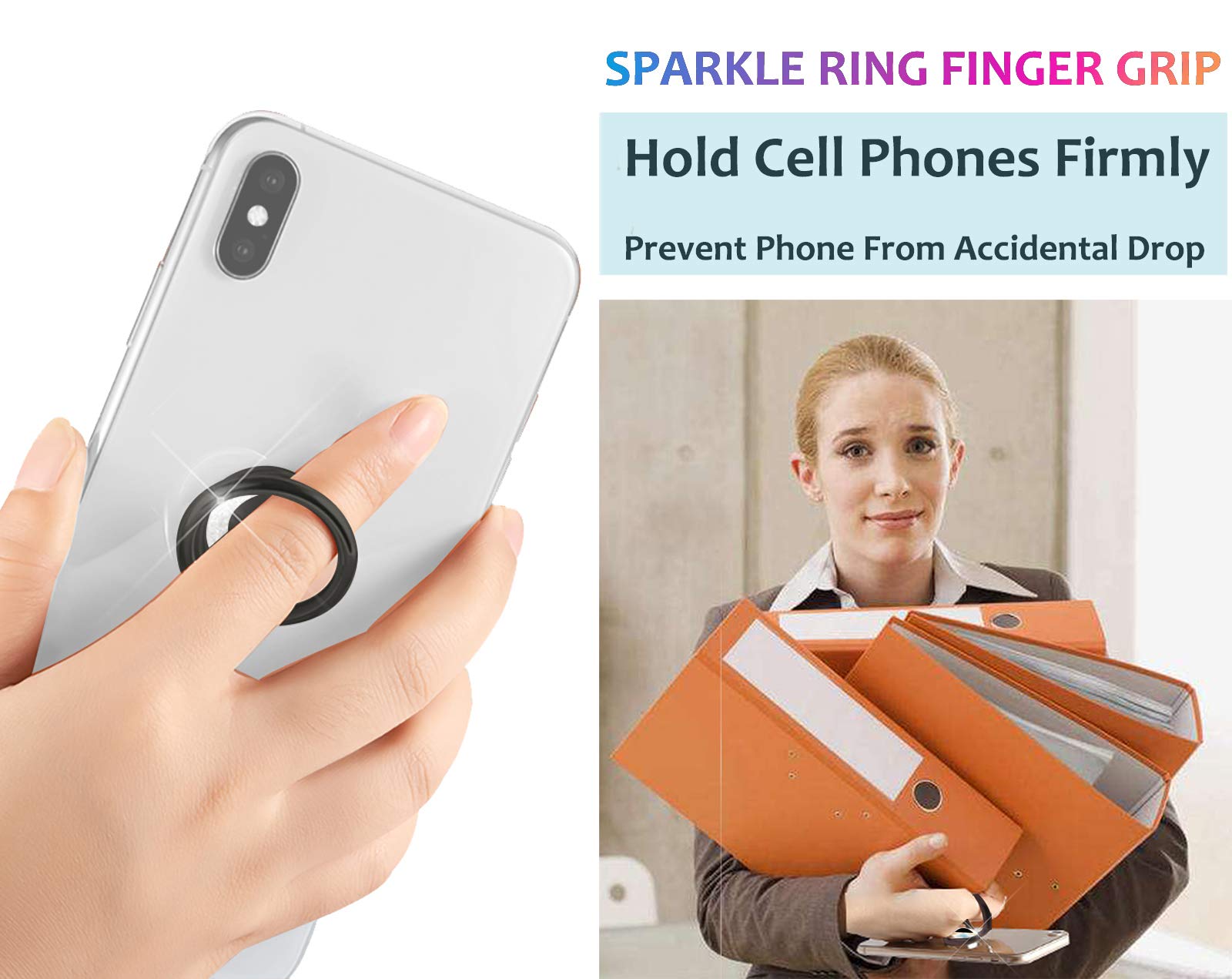 Sparkly Glitter Phone Ring Holder with Kickstand - Bling Bling Finger Grip for iPhone, Samsung & Most Smartphones (Black) - Perfect for Selfies, Videos & Secure One-Hand Use