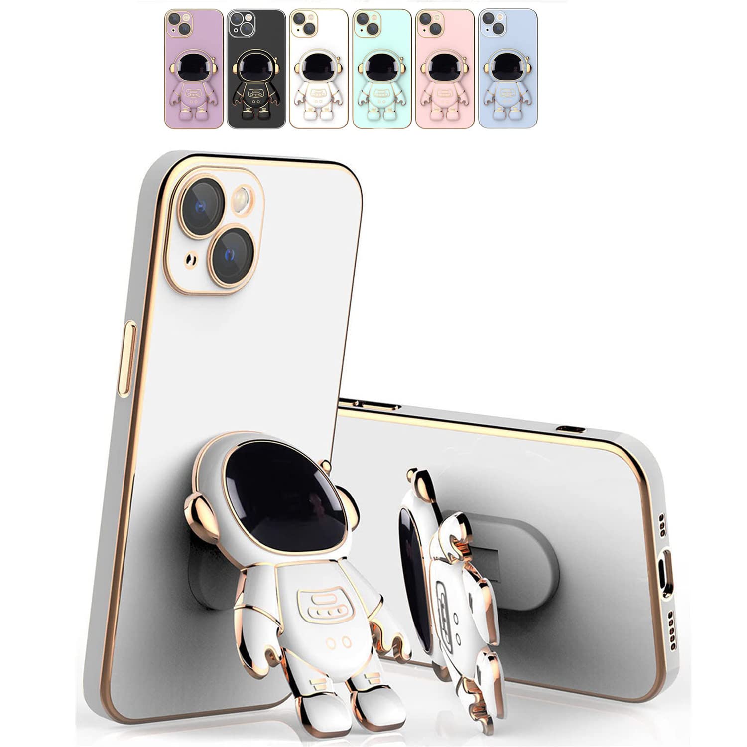 6D Plating Astronaut Hidden Stand iPhone 13 Case - Shockproof Protective Cover with Built-in Stand & Lens Film - Perfect for Space Lovers & Daily Use (White)
