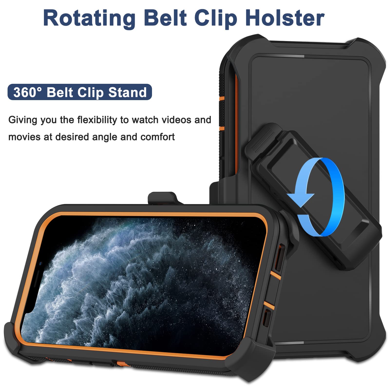 **Military Grade Shockproof iPhone 11 Pro Max Case with Belt Clip Holster – 2 Pack Screen Protectors Included | Heavy Duty Full Body Protection, Rugged Cover (Orange) – Perfect for Outdoor, Construction & Active Lifestyles**