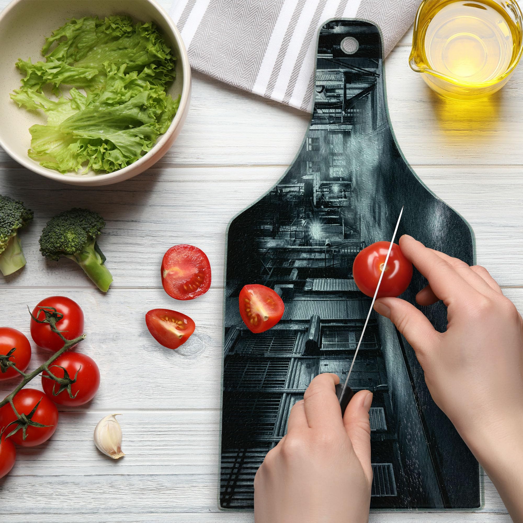 Ambesonne Black and White Wine Bottle Shaped Tempered Glass Cutting Board - Moody Monochrome Cortlandt Alley NYC Chinatown Urban Scenery - Decorative Serving Board for Cheese, Charcuterie & Wine Pairing - Perfect for Dinner Parties, Gifts & Kitchen Decor