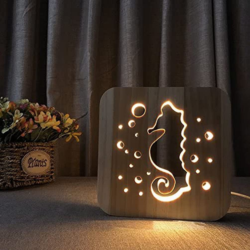 VIGAT 3D Seahorse Wooden Night Light - Warm White LED USB Bedside Lamp for Kids Room, Nursery Decor & Bedroom Lighting | Perfect for Nighttime Reading, Baby Sleep Aid & Cozy Ambiance
