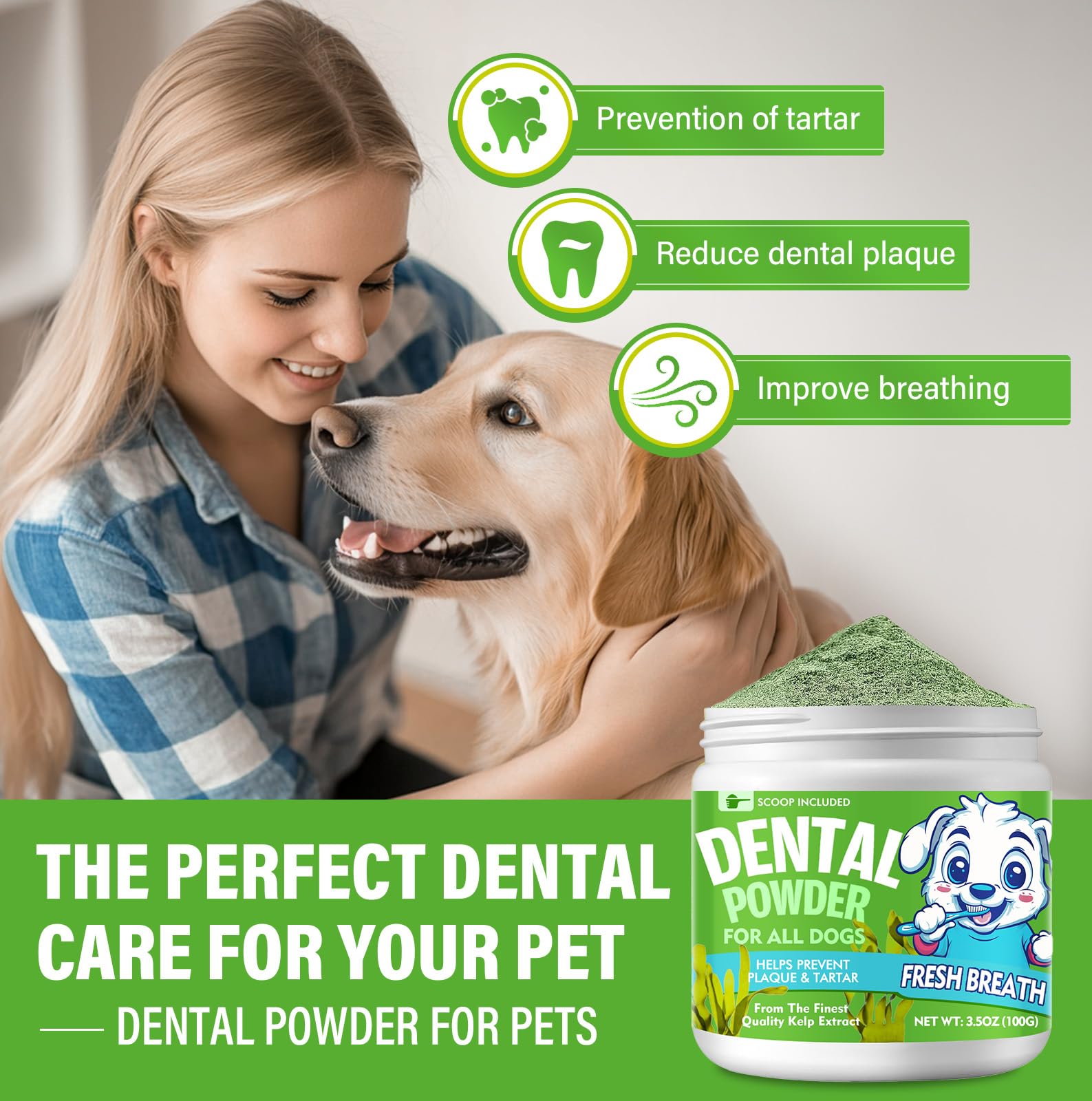Natural Dog Dental Powder for Fresh Breath - Teeth Cleaning & Plaque Control for Dogs & Cats (100g) | Reduce Bad Breath & Improve Oral Health - Perfect for Daily Dental Care at Home