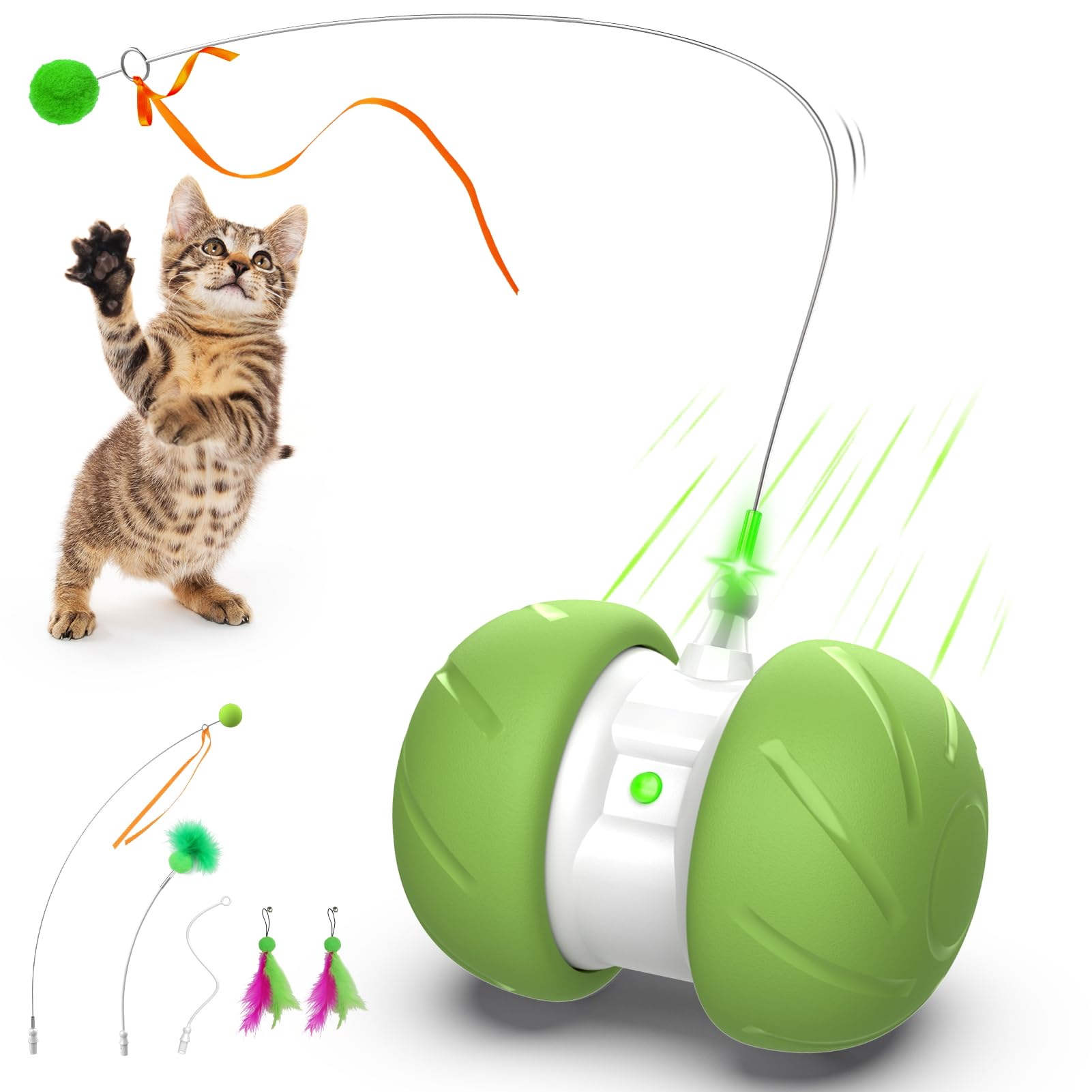 Interactive Motion Activated Cat Toys for Indoor Cats - Automatic USB Rechargeable Cat Toy with Extra Long Feather Wand & Mouse Toy (Green) - Perfect for Playtime, Exercise & Boredom Relief