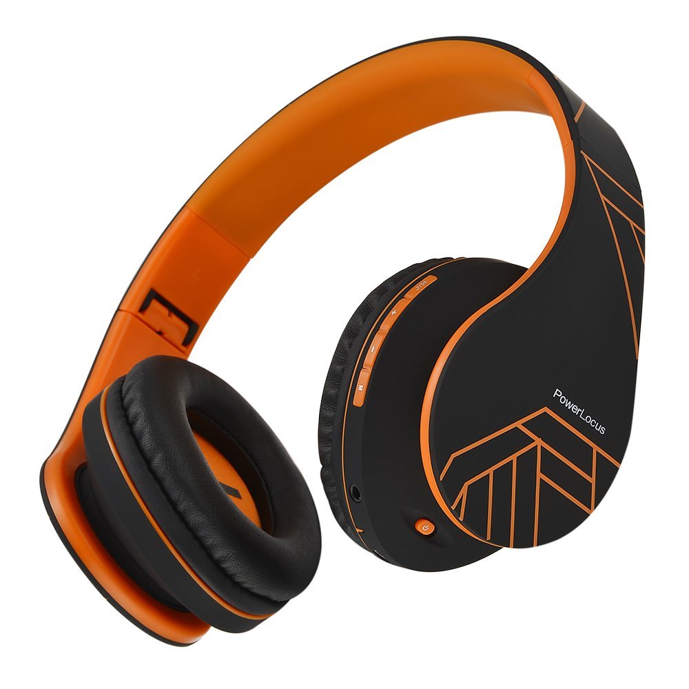 PowerLocus Bluetooth Over-Ear Headphones - Wireless Stereo Foldable Headset with Built-in Mic, Micro SD/TF, FM - Compatible with iPhone, Samsung, iPad, PC (Black/Orange) - Perfect for Travel, Workouts, and Home Entertainment