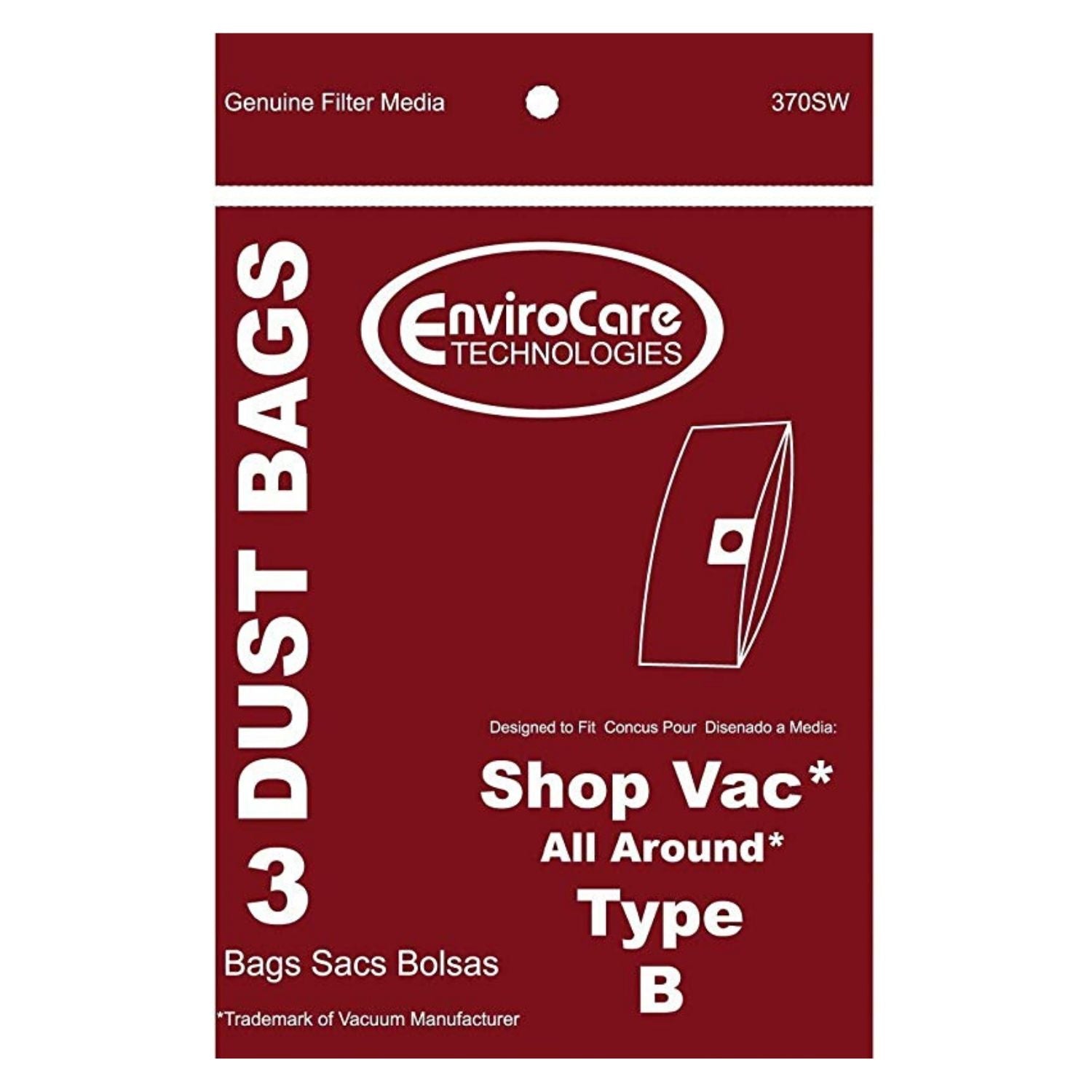 EnviroCare Shop Vac Type B Bags - 3 Pack Heavy Duty Vacuum Bags for Wet/Dry Vacuums - Perfect for Home Cleaning, Workshop, and Construction Debris Removal