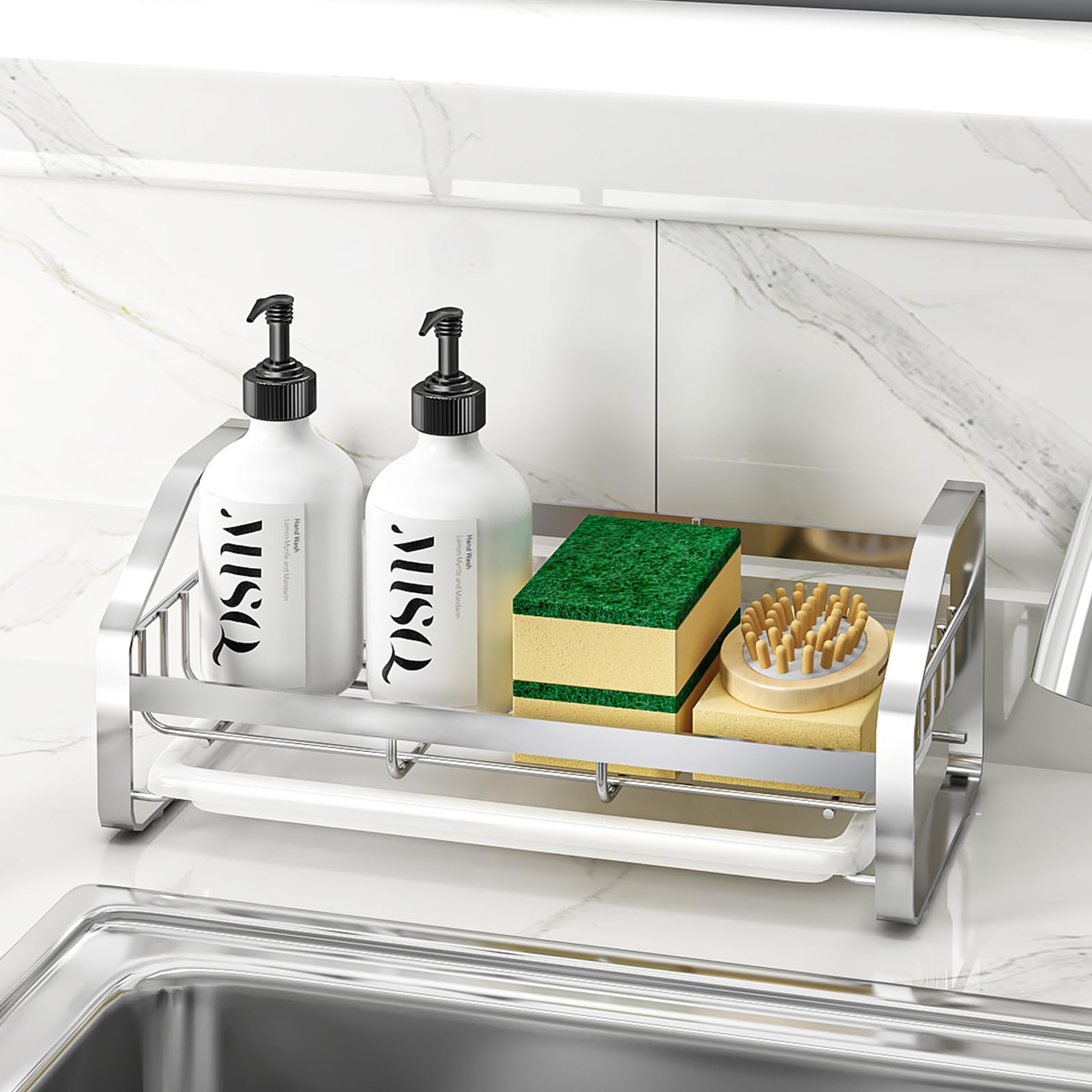Stainless Steel Sink Caddy & Sponge Holder - 304 Stainless Steel Kitchen & Bathroom Sink Organizer with Removable Drain Tray - Countertop Soap Tray for Sponges, Brushes & Cleaning Supplies - Perfect for Kitchen, Bathroom & Utility Sink Organization (Silver)