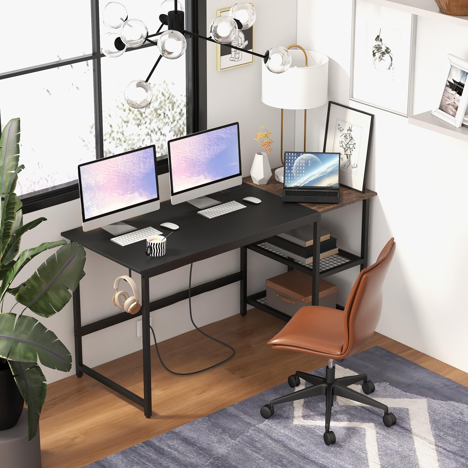 Tangkula 59 Inch Modern Industrial Computer Desk with Charging Station, 2-Tier Storage Shelves & Hook, Sturdy Metal Frame PC Laptop Workstation for Home Office, Study, and Gaming Setup