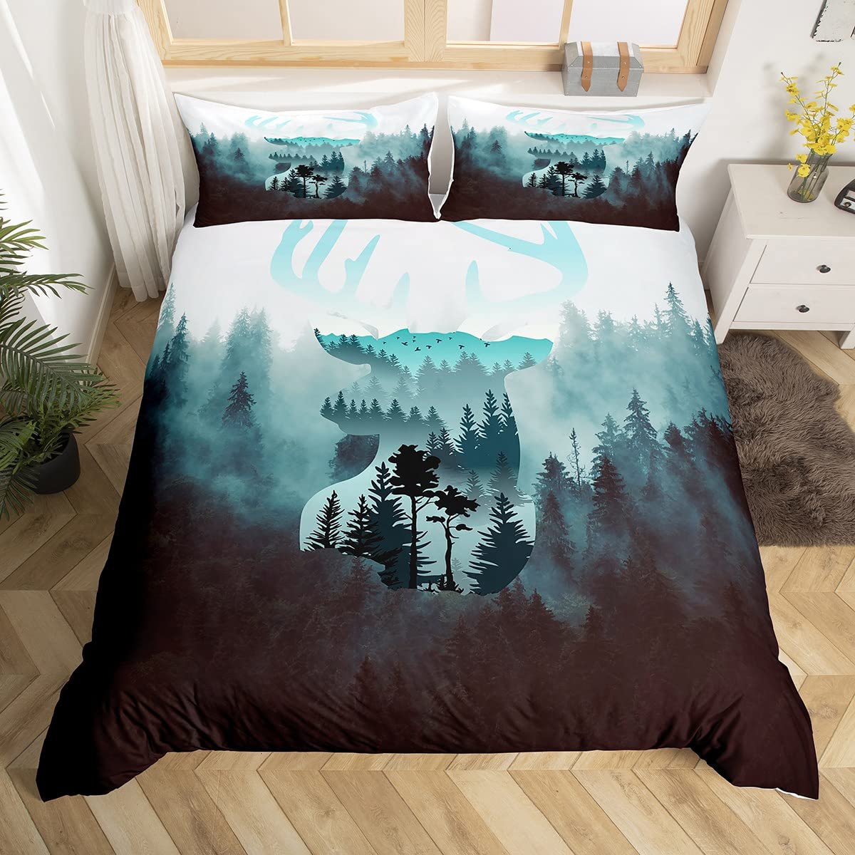 **Feelyou Deer Comforter Cover Set - Twin Size 2Pcs, Soft Antler & Woodland Design for Kids' Bedroom Decor, Boys & Girls Duvet Cover with Nature Landscape - Perfect for Cozy Bedrooms & Forest-Themed Rooms**
