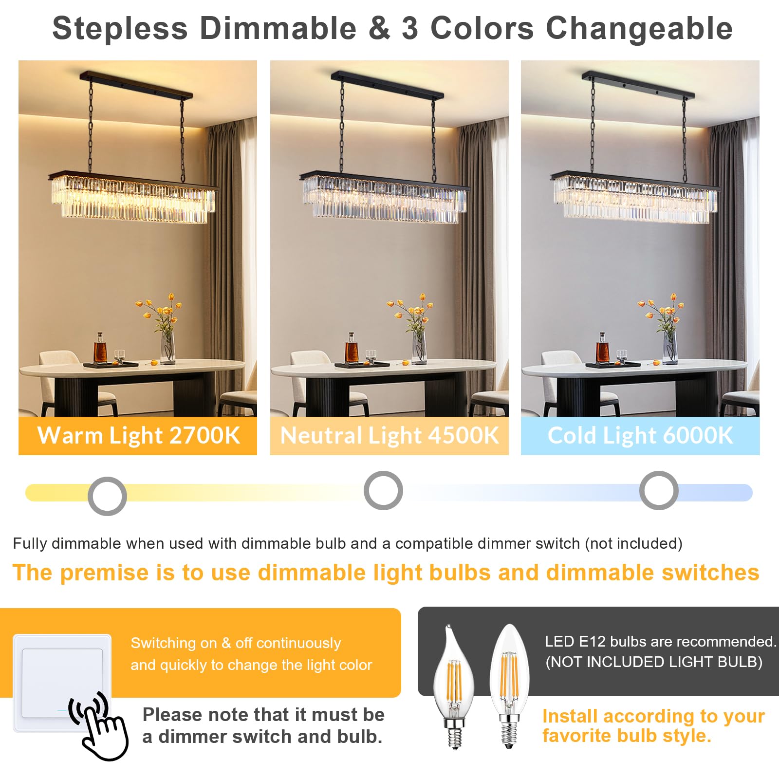 NOXARTE Modern Rectangular Crystal Chandelier - 8-Light Black Pendant Fixture for Dining Room, Kitchen Island, Bar & Living Room (47 Inch) - Elegant Lighting for Home Decor & Interior Design