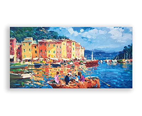 Portofino Seascape Painting on Canvas - Original Italian Impressionist Artwork, Large Framed Wall Decor for Living Room, Bedroom & Office