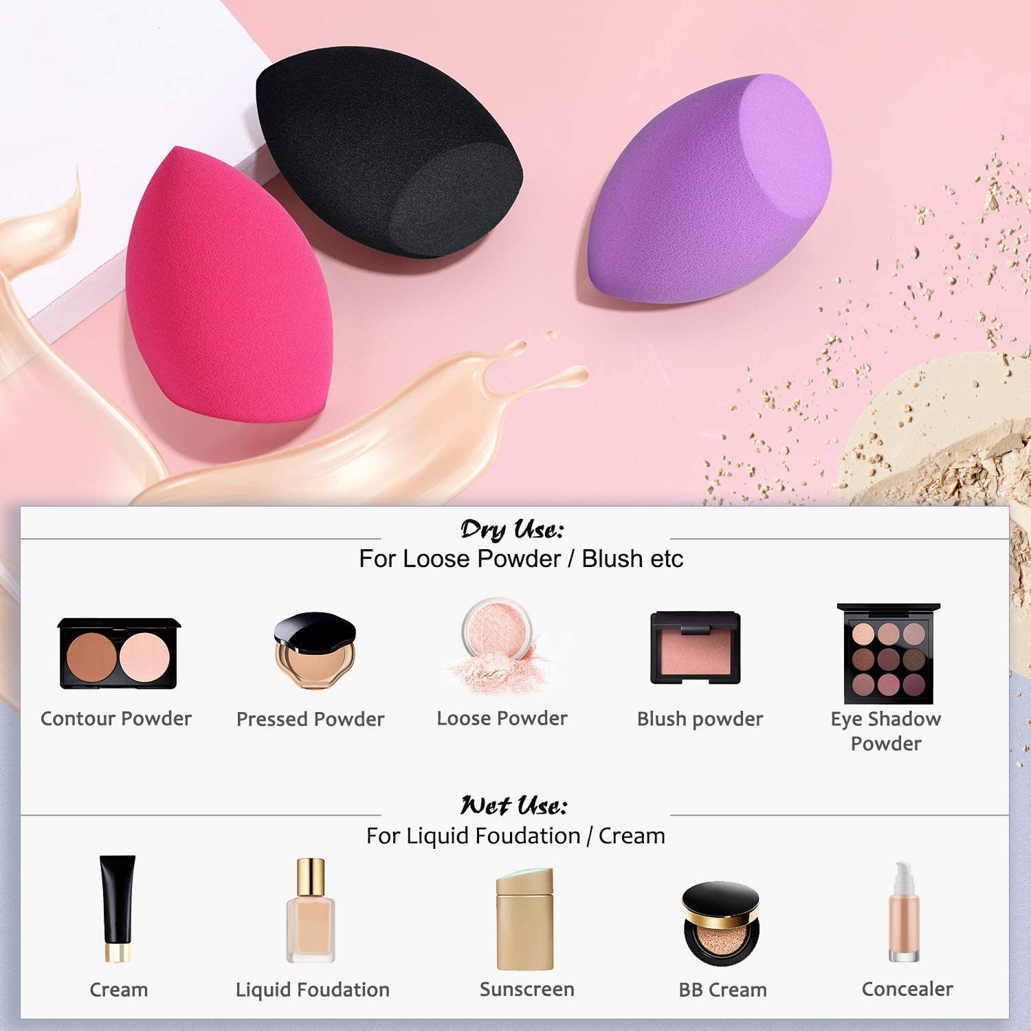 NEEL HOUSE Makeup Sponges - 3 Pack Beauty Blender for Foundation & Concealer, Soft Latex-Free Makeup Sponge Puff (Colors May Vary) - Perfect for Liquid, Cream & Powder Makeup Application